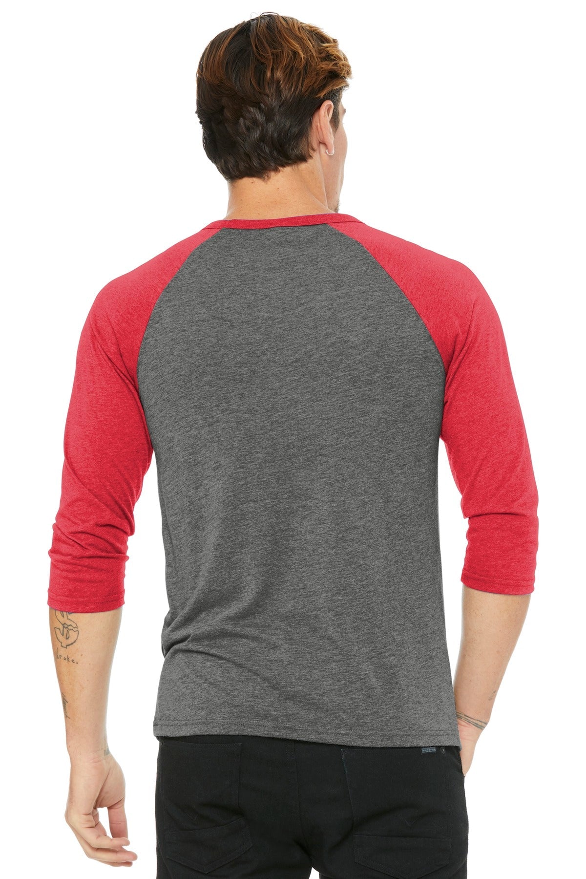 Grey/Red TB BELLA+CANVAS Unisex 3/4-Sleeve Baseball Tee. BC3200