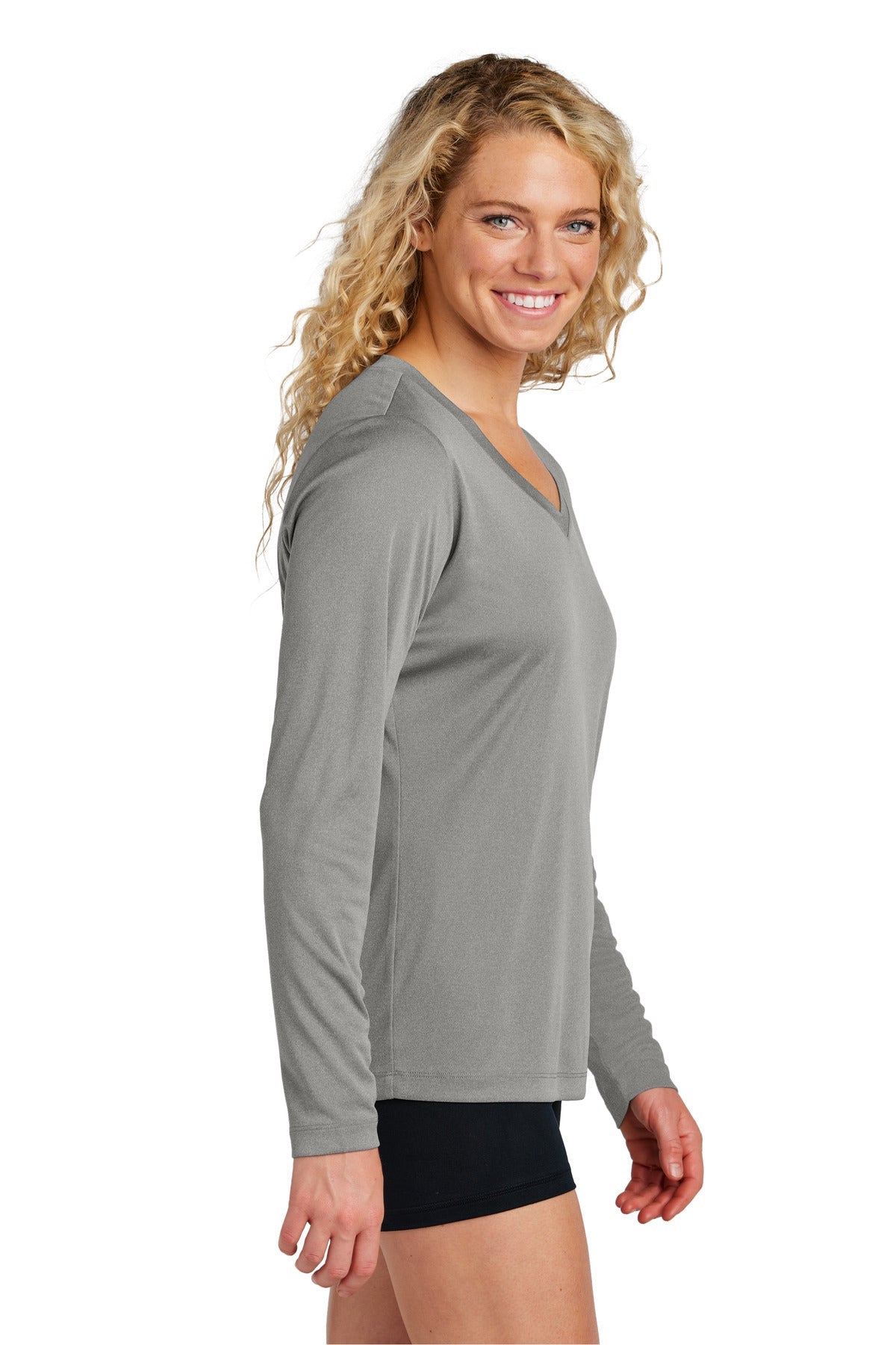 GryConHthr Sport-Tek Women's Long Sleeve PosiCharge Competitor V-Neck Tee. LST353LS