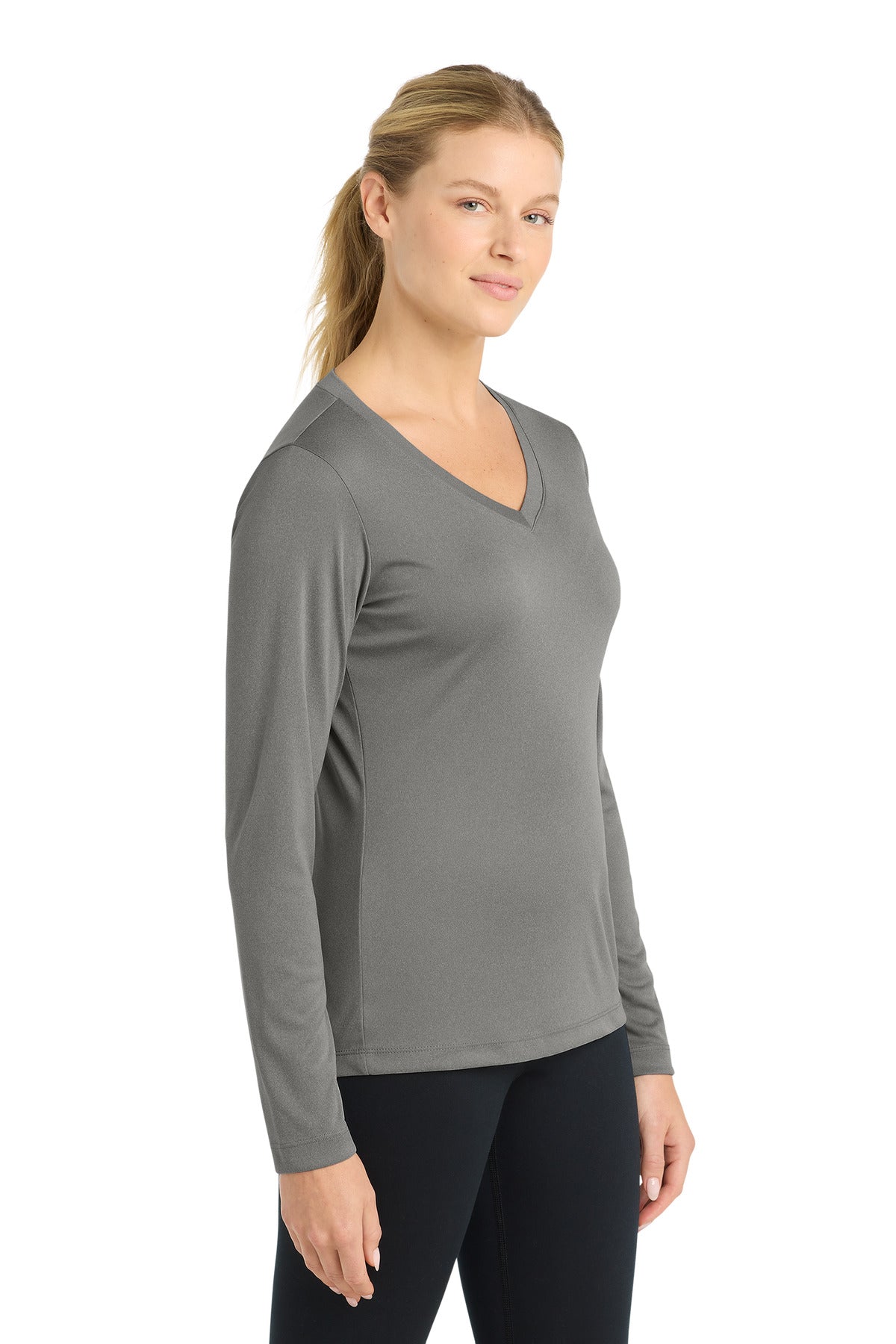 GryConHthr Sport-Tek Women's Long Sleeve PosiCharge Competitor V-Neck Tee. LST353LS