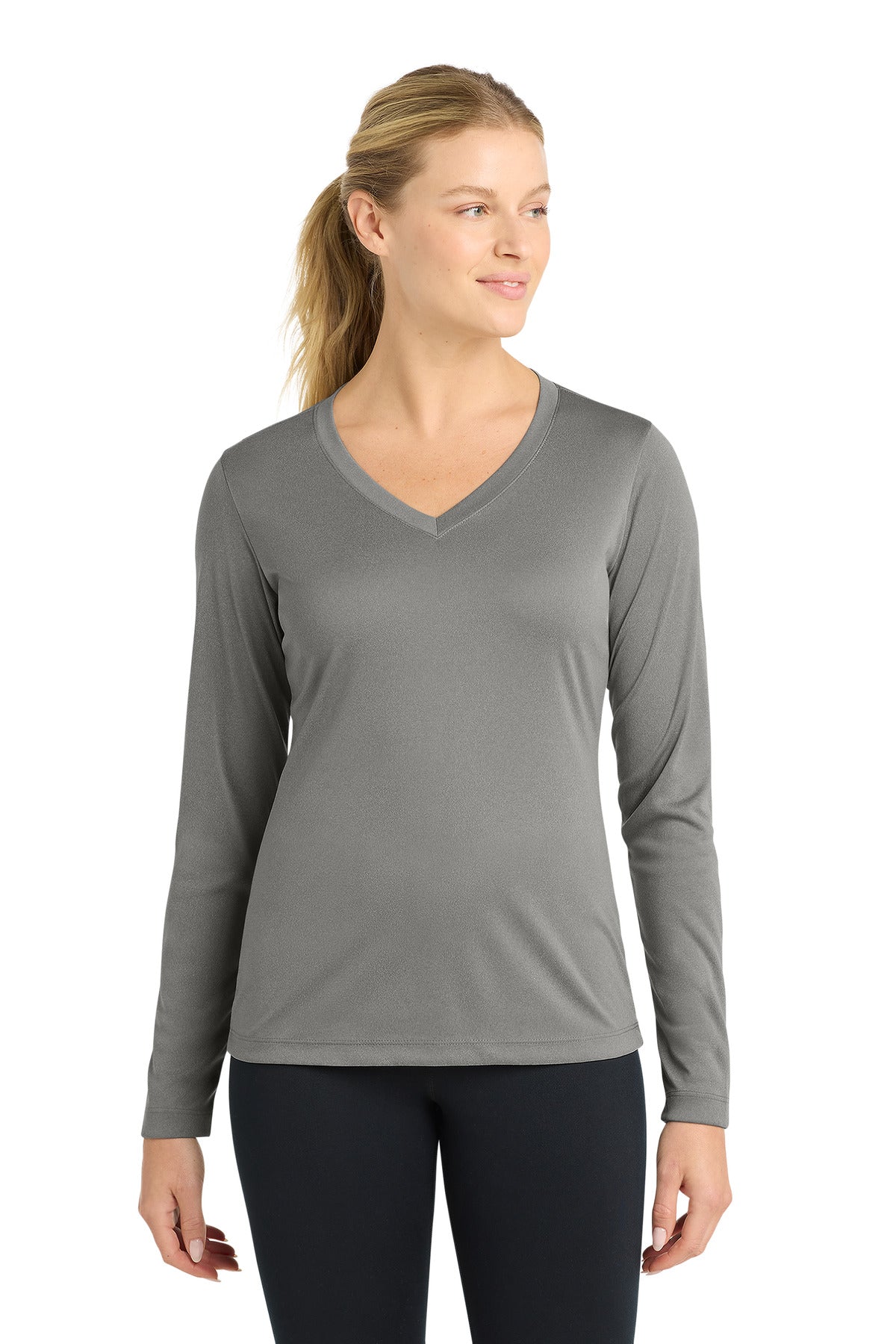 GryConHthr Sport-Tek Women's Long Sleeve PosiCharge Competitor V-Neck Tee. LST353LS