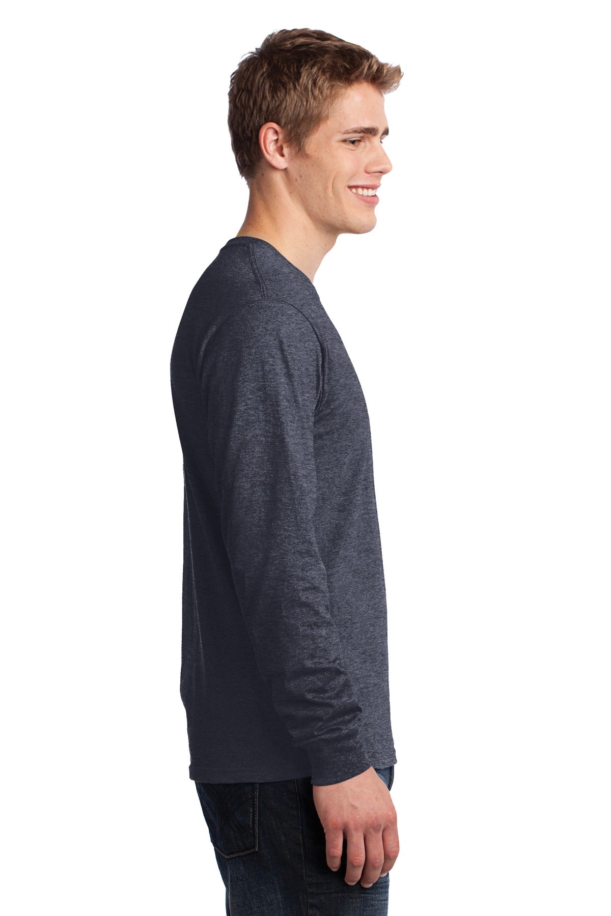 Heather Navy Port & Co Long Sleeve Core Cotton Tee. PC54LS