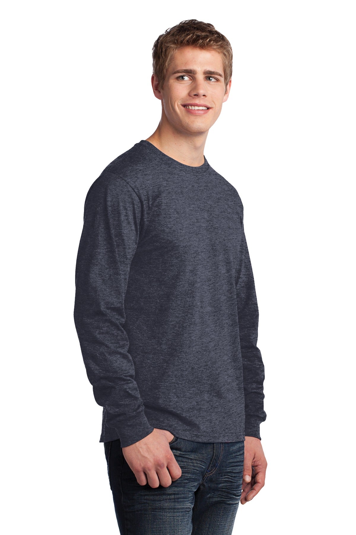 Heather Navy Port & Co Long Sleeve Core Cotton Tee. PC54LS