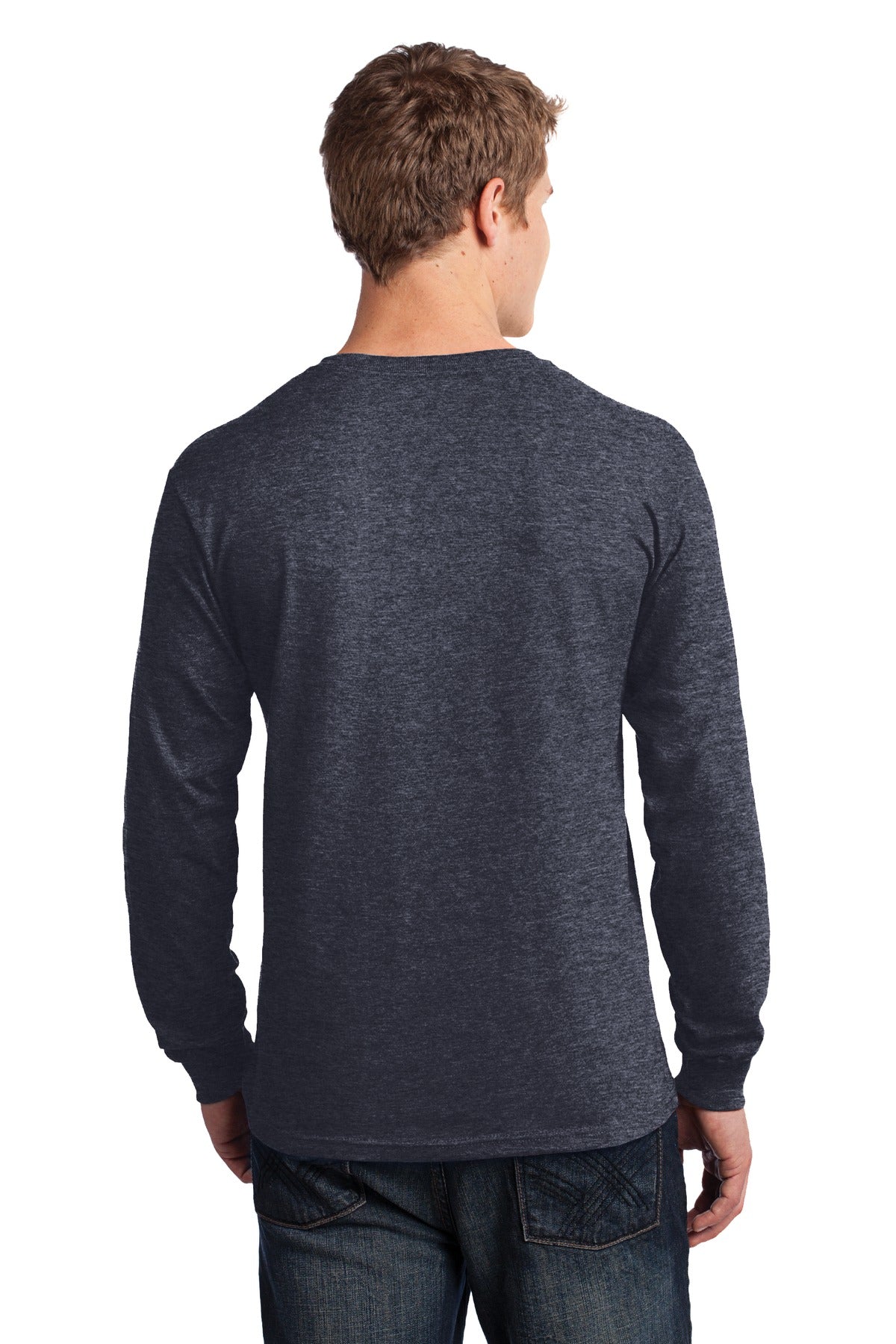 Heather Navy Port & Co Long Sleeve Core Cotton Tee. PC54LS