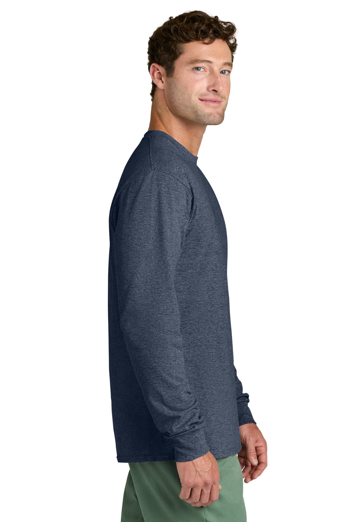 Heather Navy Port & Co Long Sleeve Core Cotton Tee. PC54LS