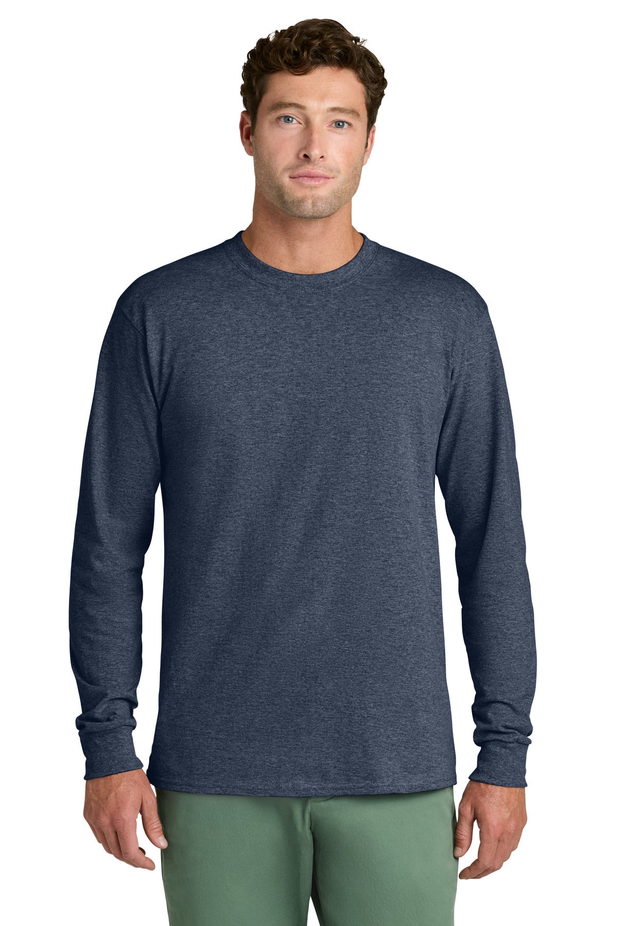 Heather Navy Port & Co Long Sleeve Core Cotton Tee. PC54LS
