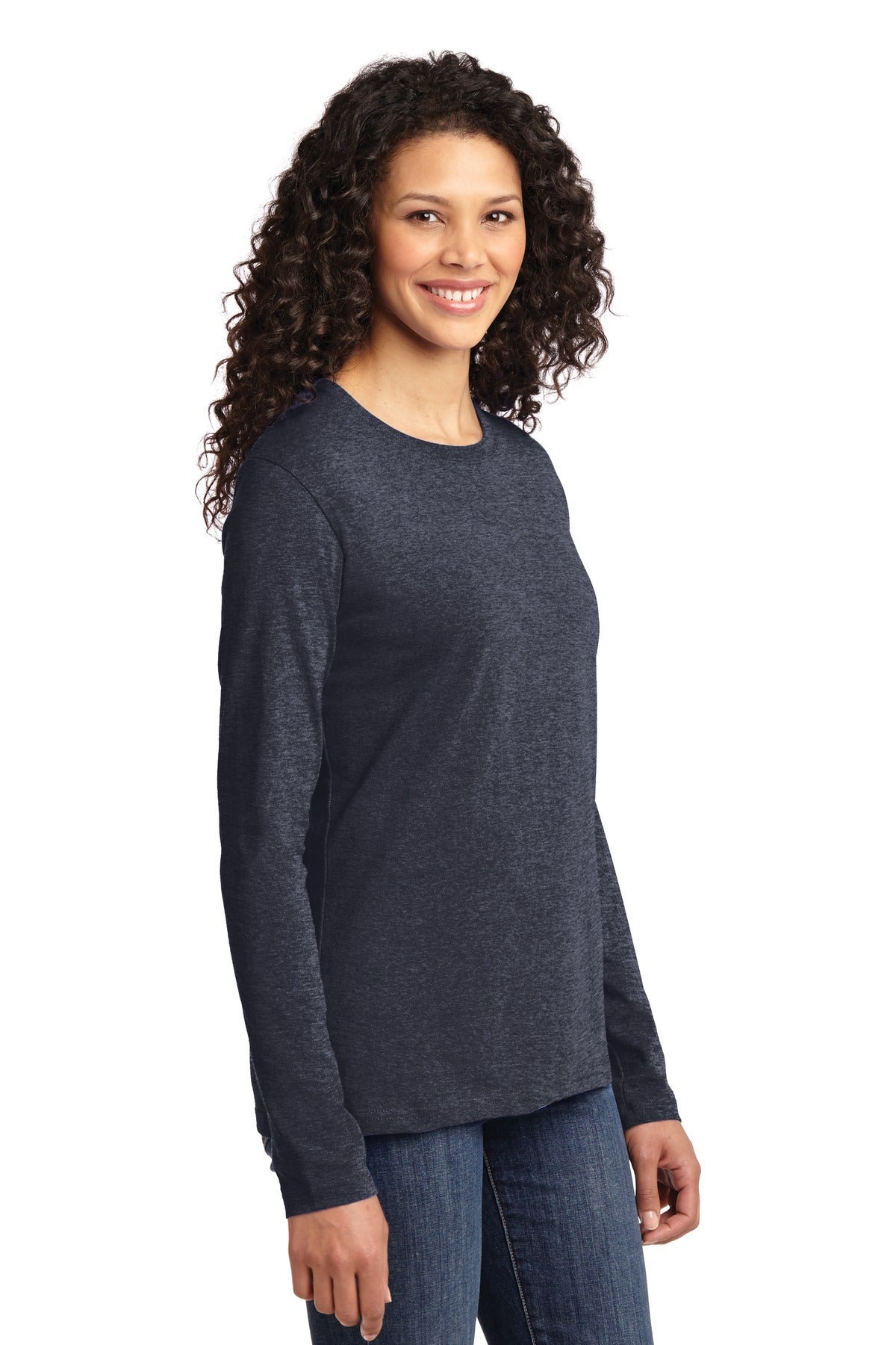 Heather Navy Port & Co Women's Long Sleeve Core Cotton Tee. LPC54LS