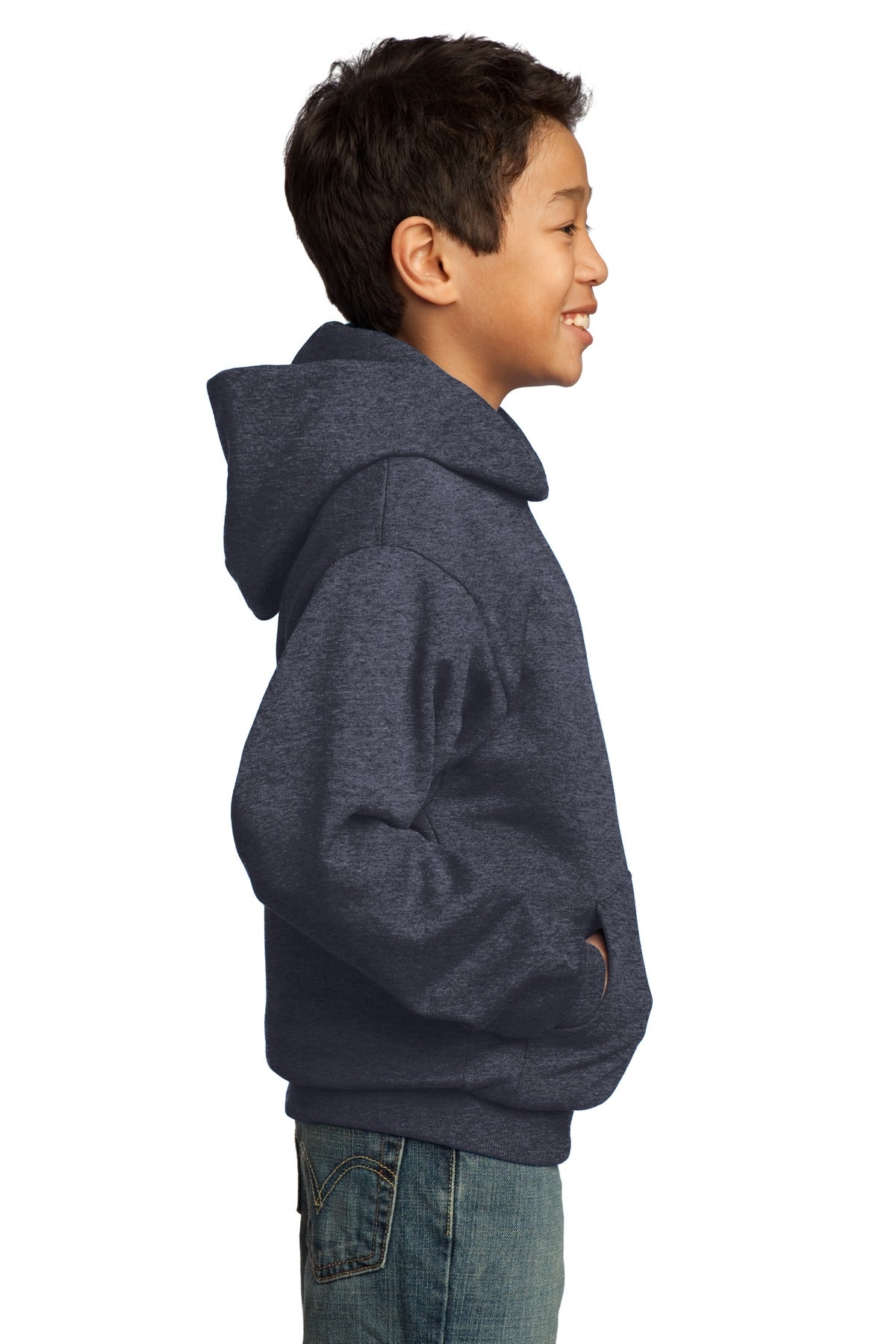 Heather Navy Port & Co Youth Core Fleece Pullover Hooded Sweatshirt. PC90YH
