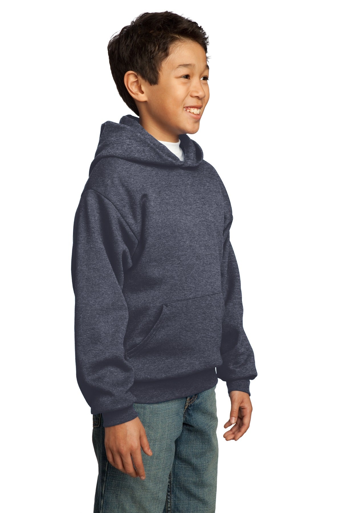 Heather Navy Port & Co Youth Core Fleece Pullover Hooded Sweatshirt. PC90YH