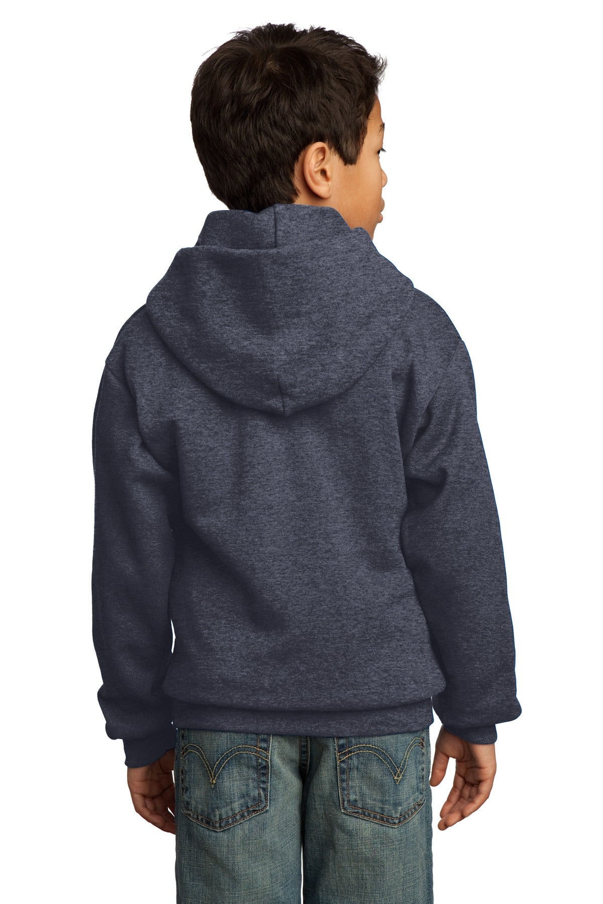 Heather Navy Port & Co Youth Core Fleece Pullover Hooded Sweatshirt. PC90YH