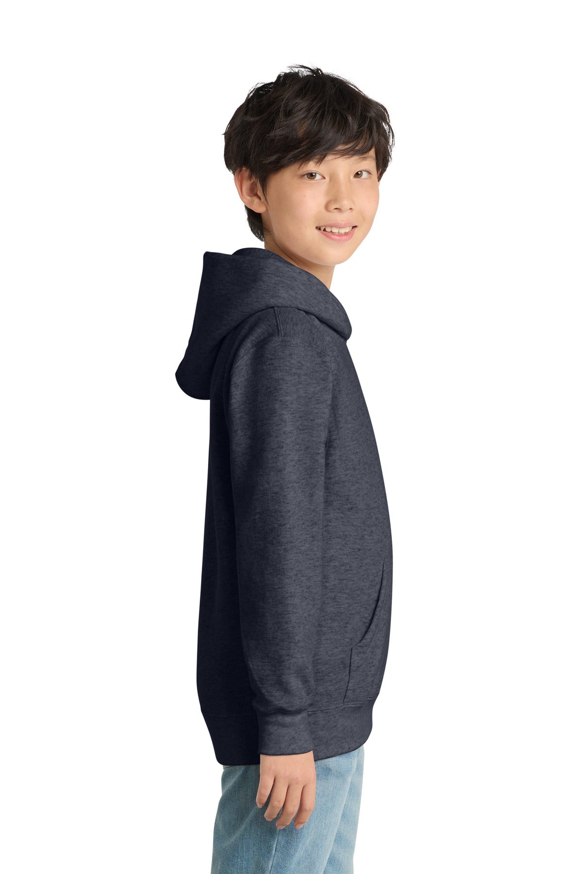 Heather Navy Port & Co Youth Core Fleece Pullover Hooded Sweatshirt. PC90YH