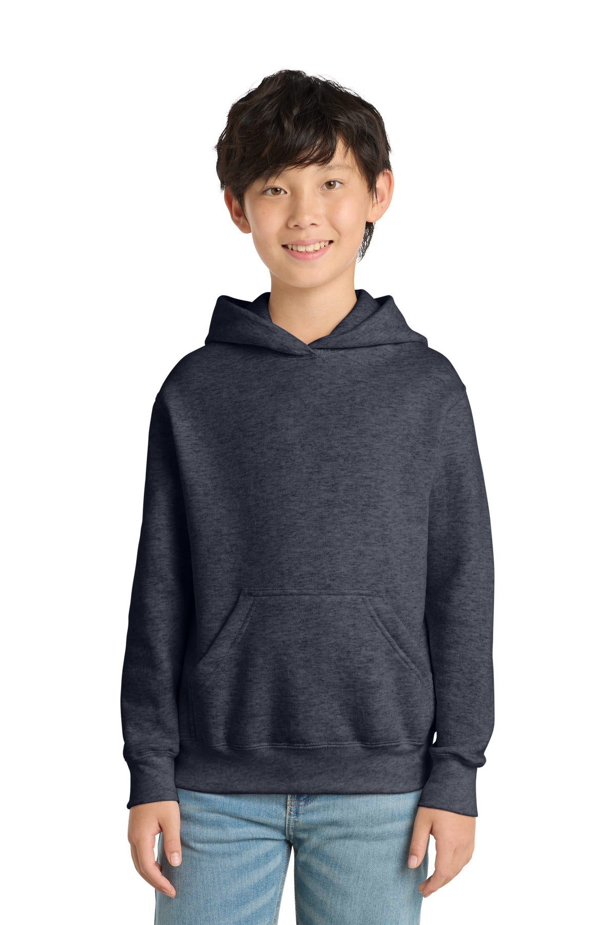 Heather Navy Port & Co Youth Core Fleece Pullover Hooded Sweatshirt. PC90YH