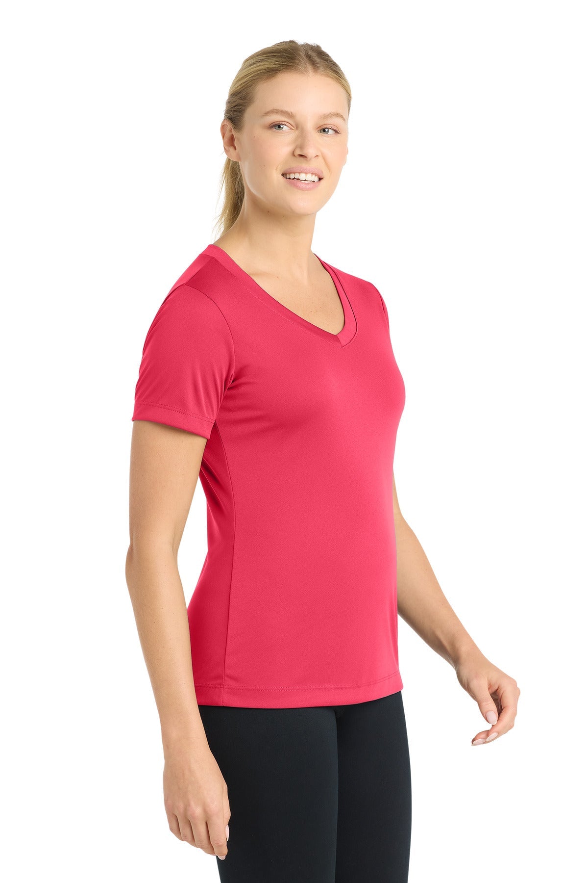 Hot Coral Sport-Tek Women's PosiCharge Competitor V-Neck Tee. LST353