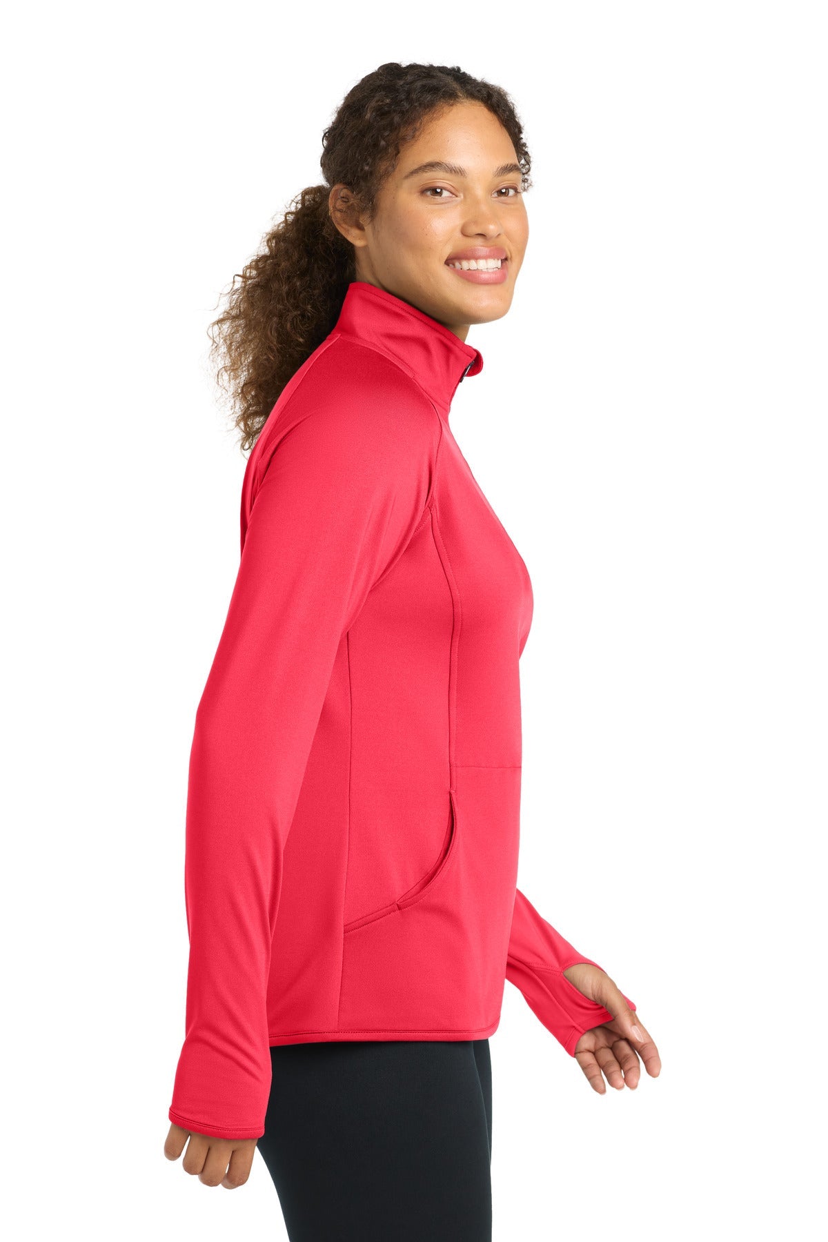 Hot Coral Sport-Tek Women's Sport-Wick Stretch 1/4-Zip Pullover. LST850