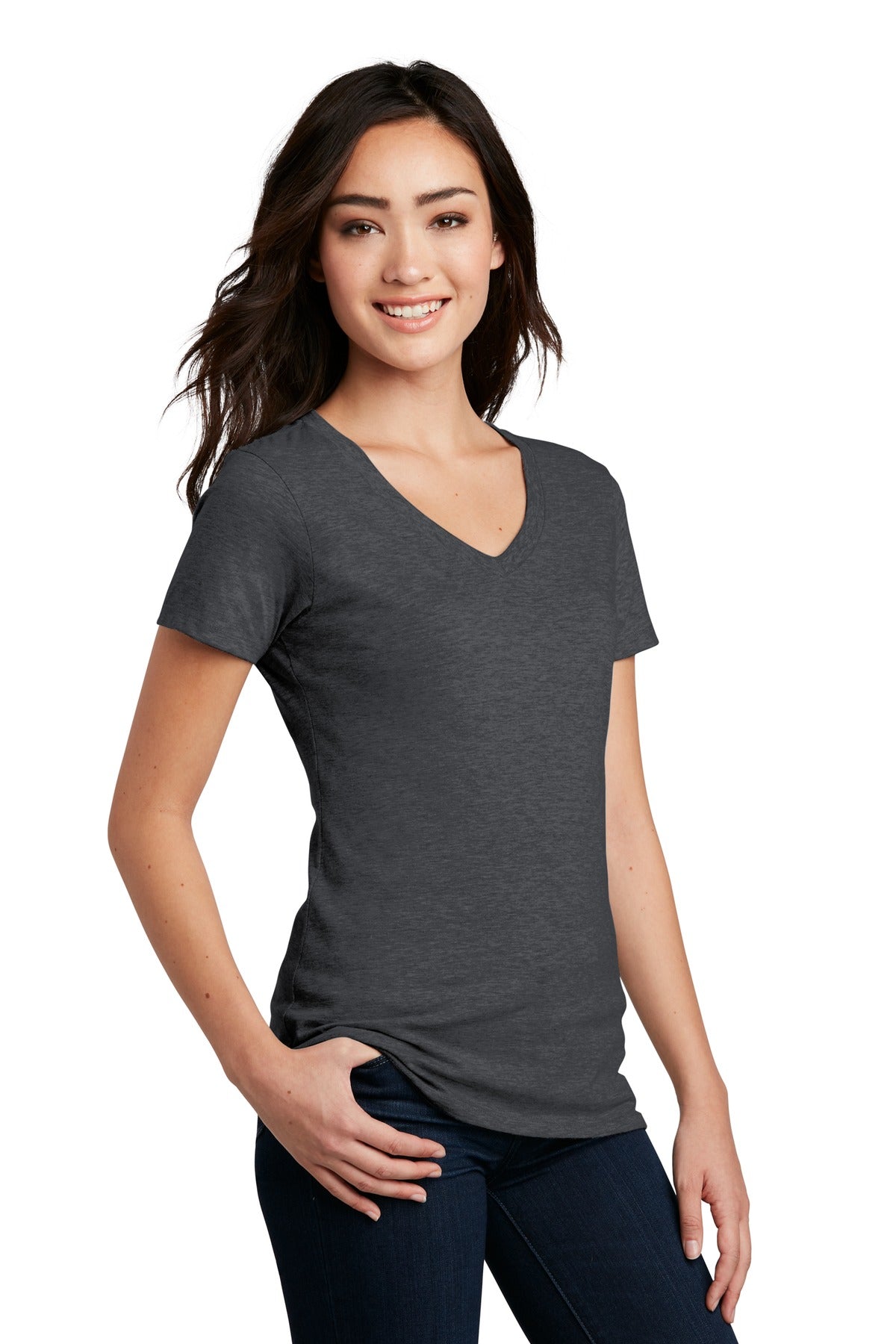 Hthr Charcoal District Women's Perfect Blend CVC V-Neck Tee. DM1190L