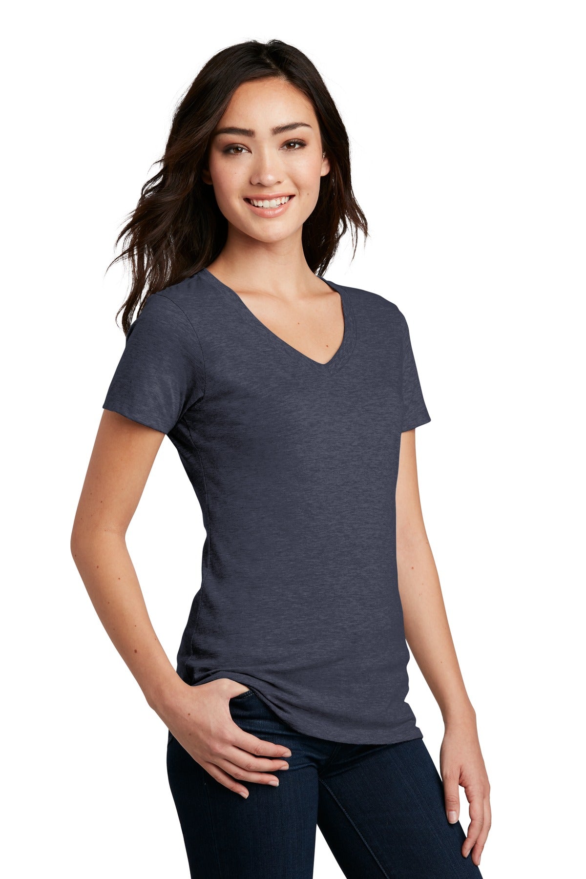 Hthr Navy District Women's Perfect Blend CVC V-Neck Tee. DM1190L