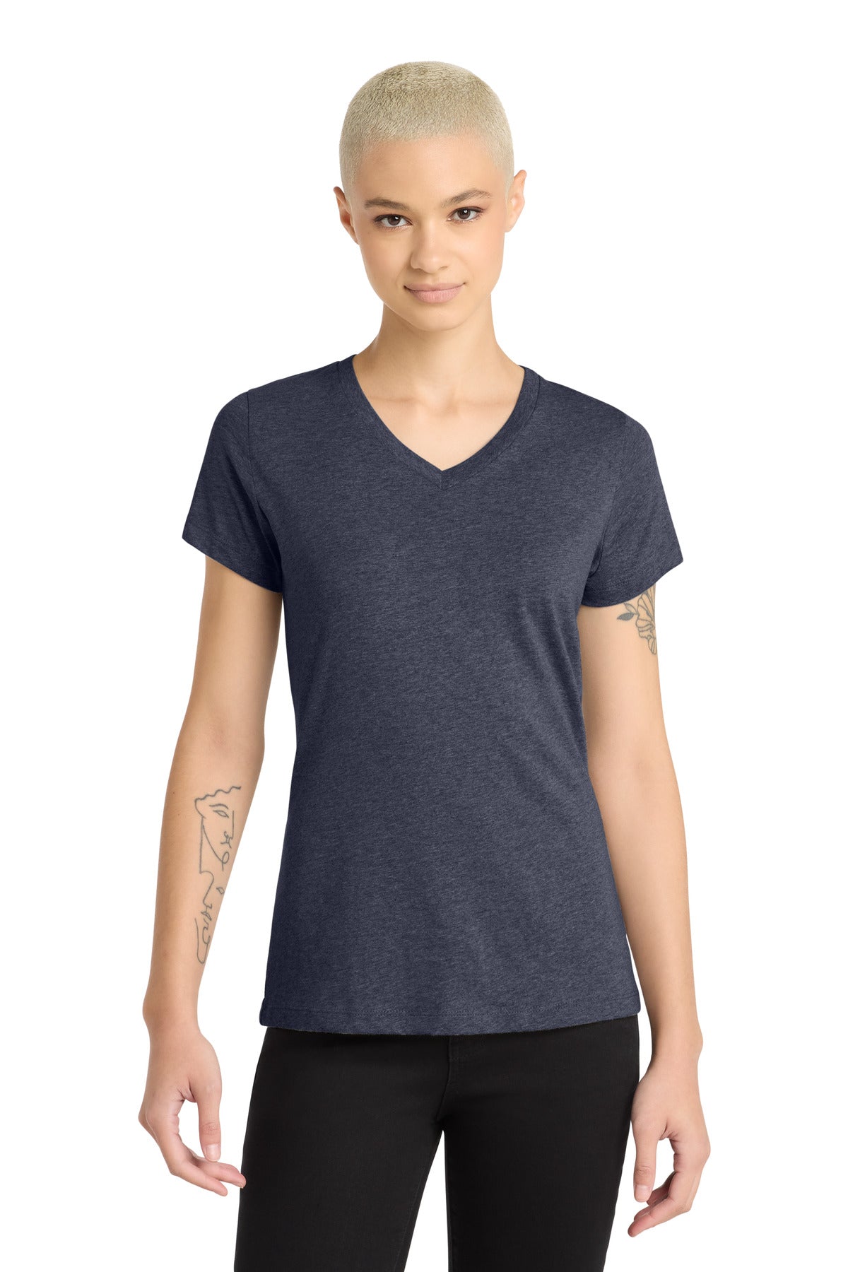 Hthr Navy District Women's Perfect Blend CVC V-Neck Tee. DM1190L