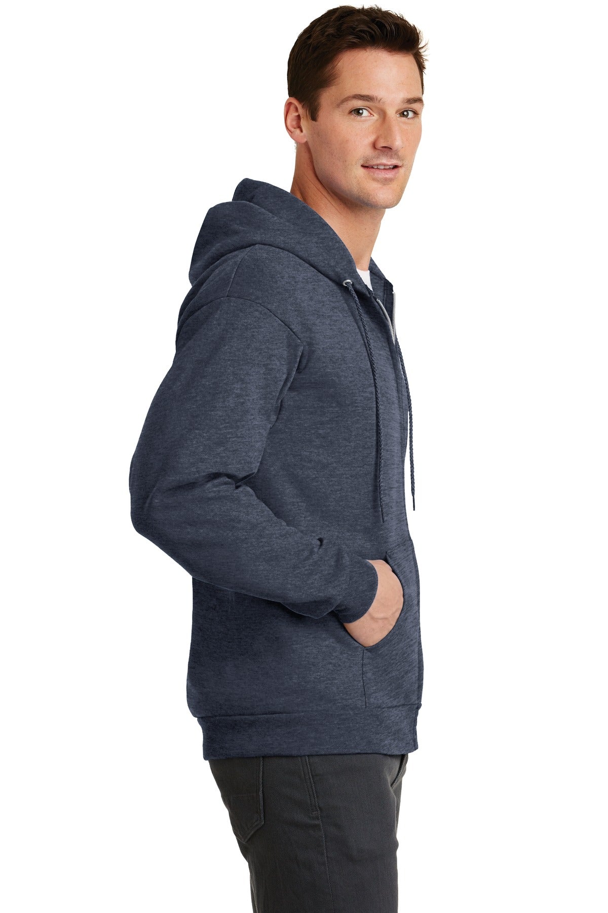 Hthr Navy Port & Co Core Fleece Full-Zip Hooded Sweatshirt. PC78ZH