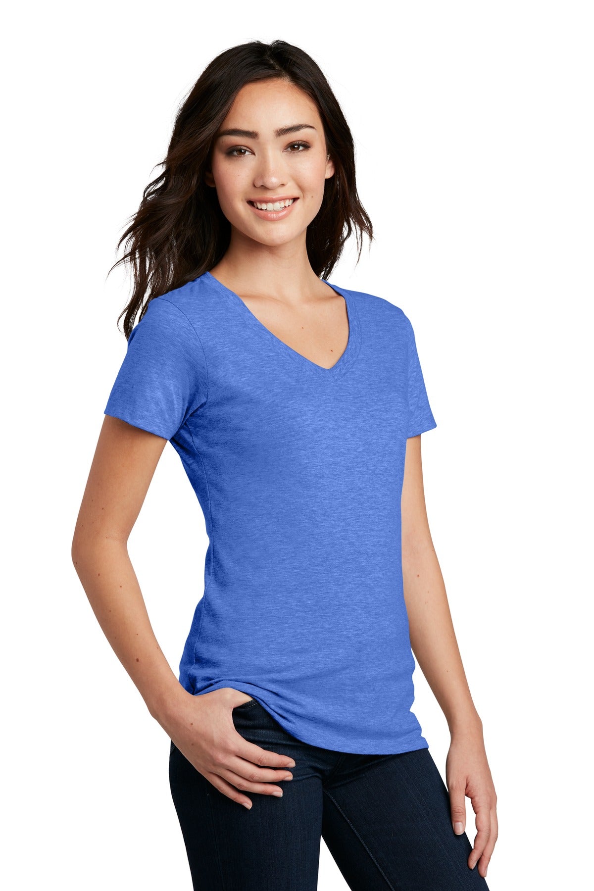 Hthr Royal District Women's Perfect Blend CVC V-Neck Tee. DM1190L
