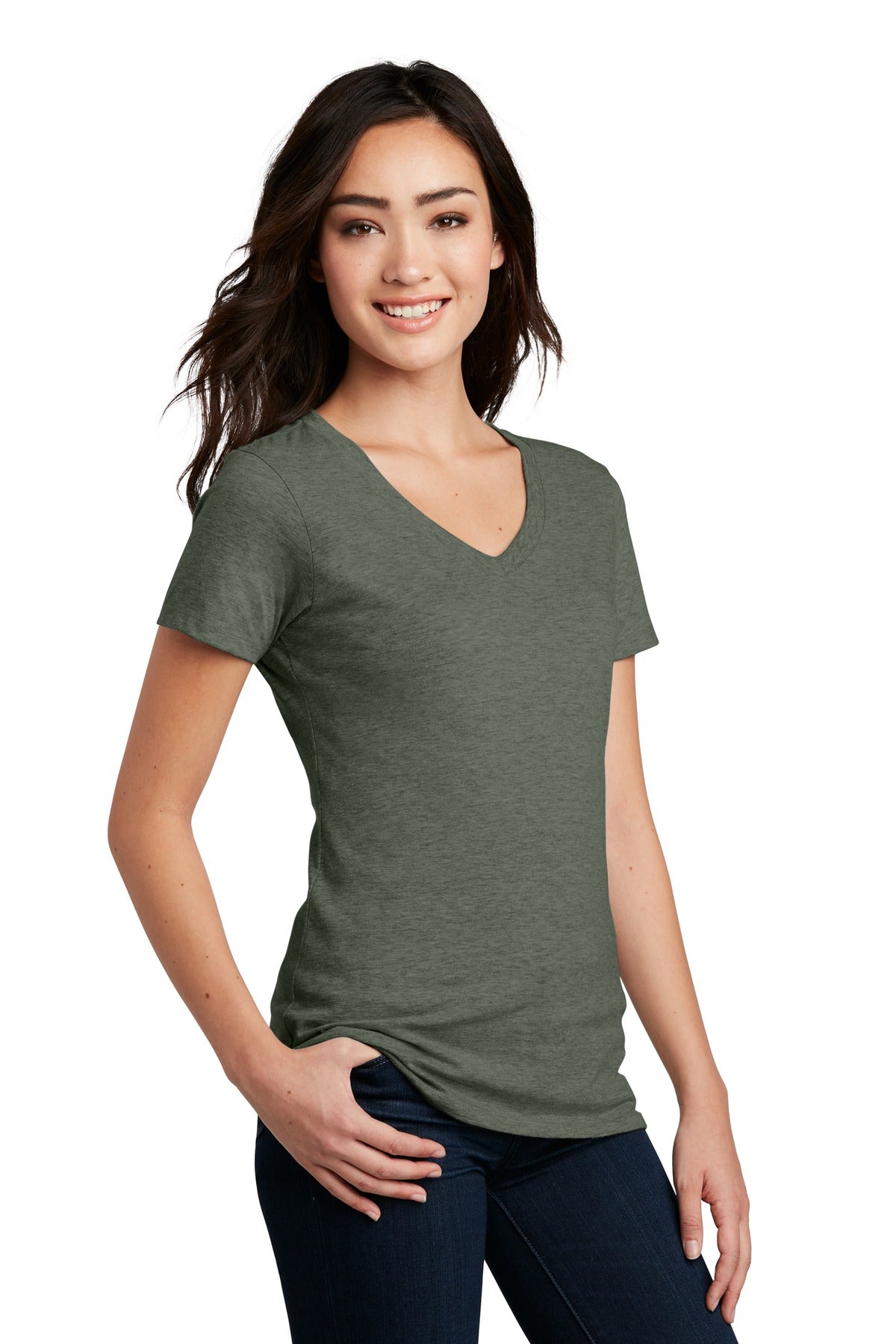 Hthrd Olive District Women's Perfect Blend CVC V-Neck Tee. DM1190L