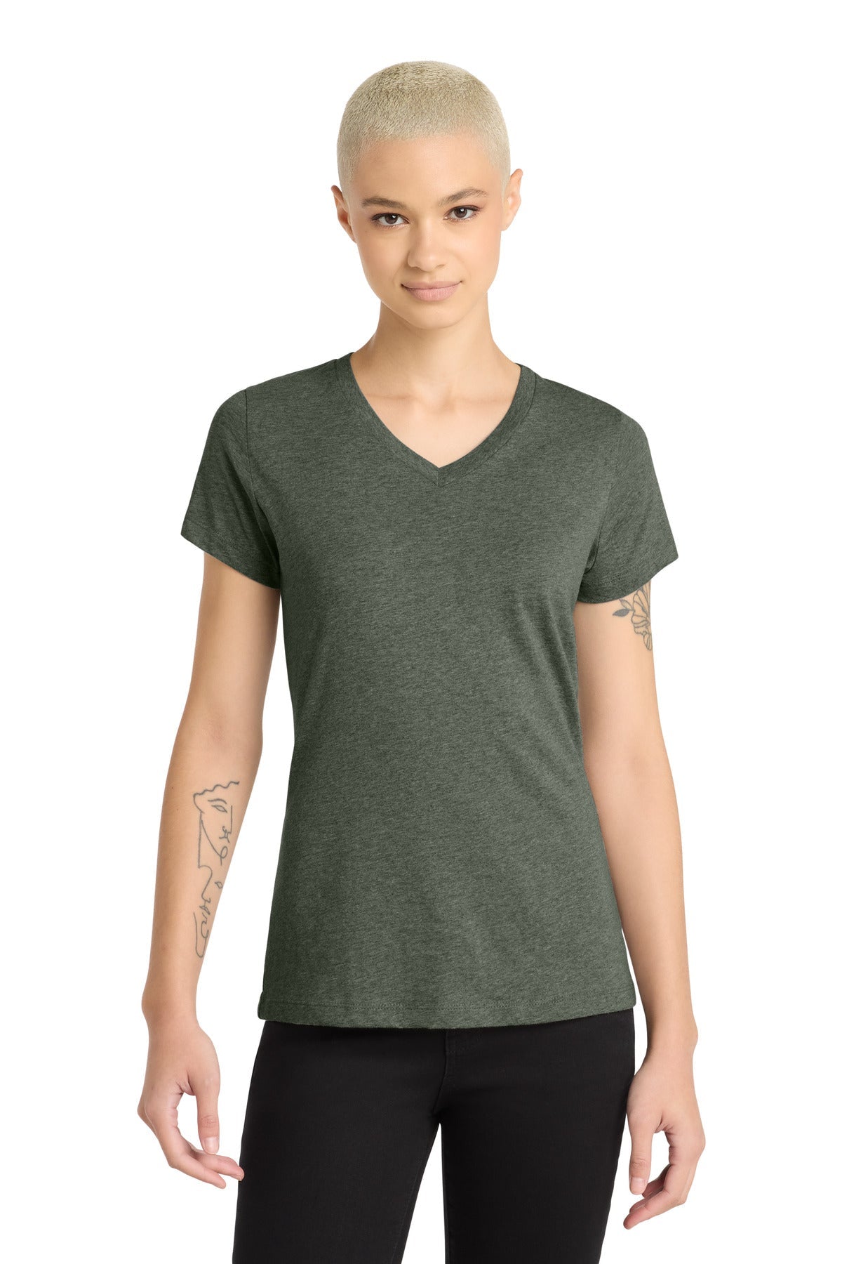 Hthrd Olive District Women's Perfect Blend CVC V-Neck Tee. DM1190L