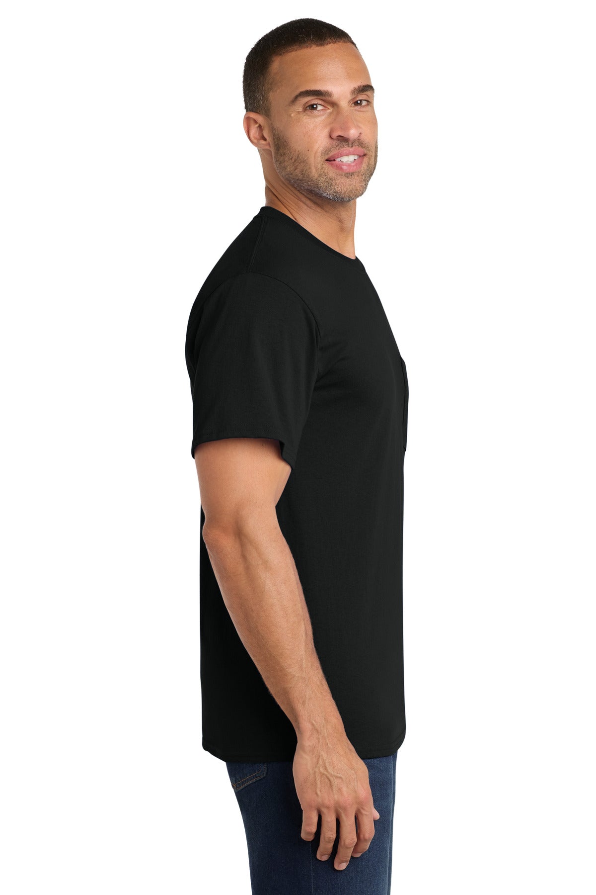 Jet Black Port & Co Core Cotton Pocket Tee. PC54P