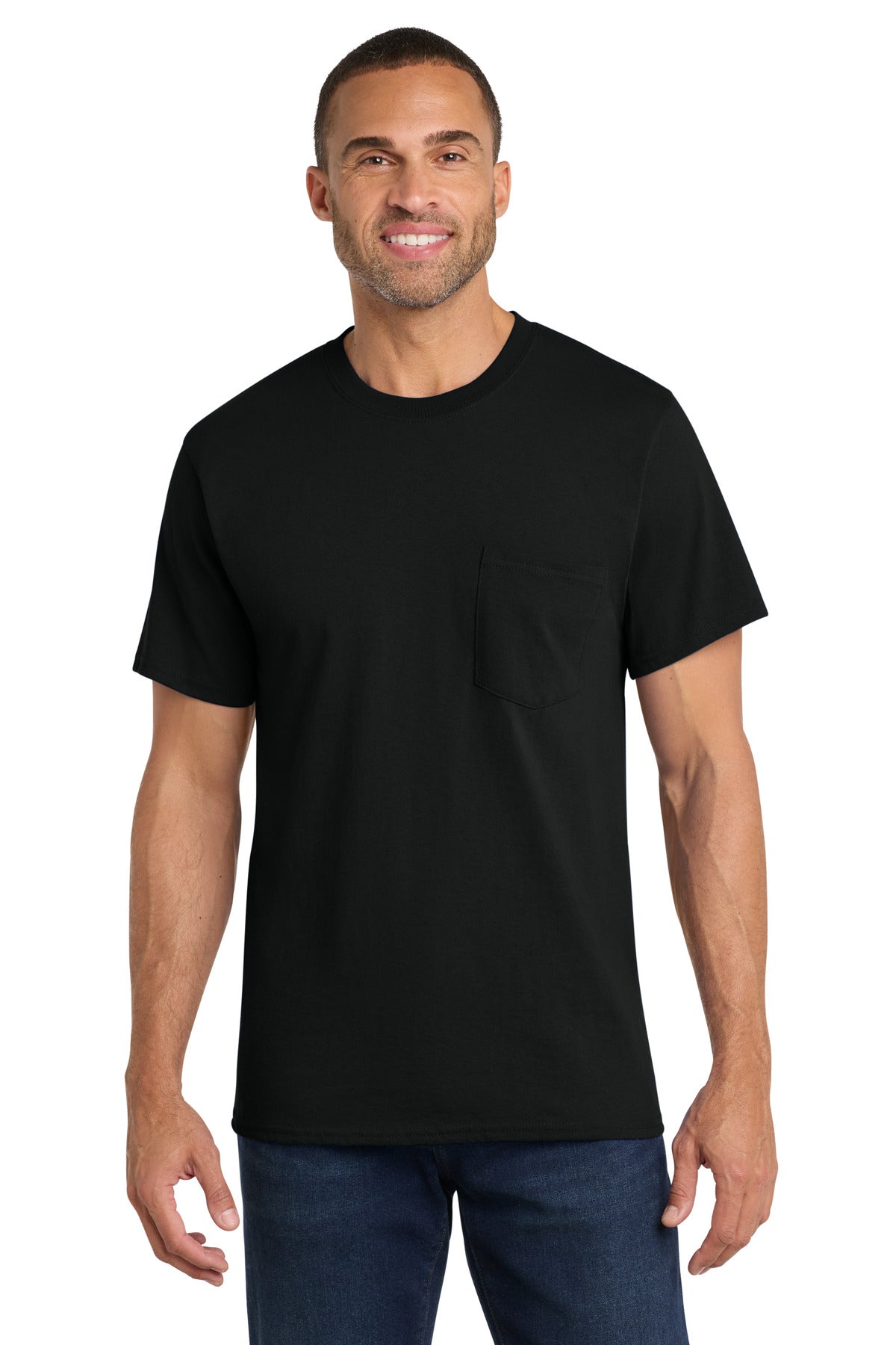 Jet Black Port & Co Core Cotton Pocket Tee. PC54P