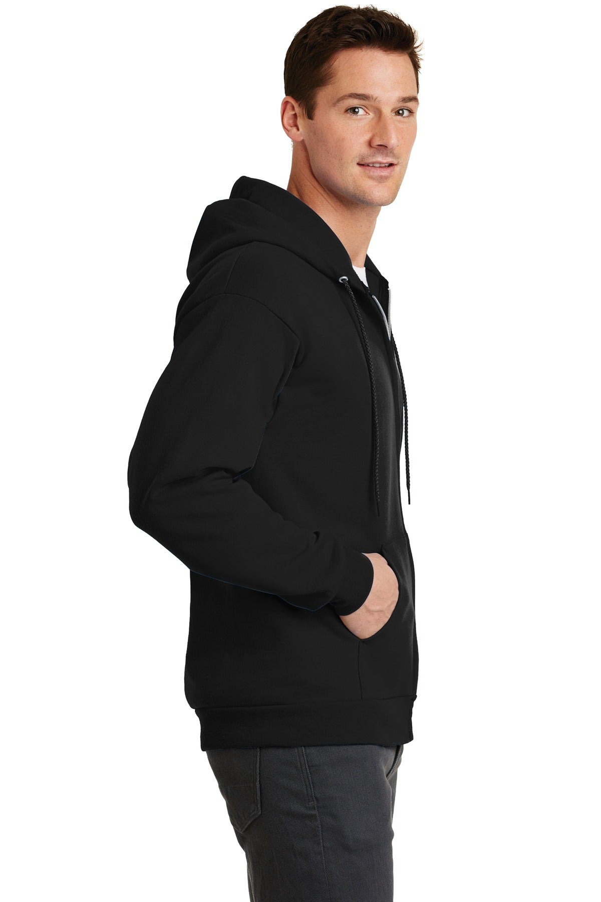 Jet Black Port & Co Core Fleece Full-Zip Hooded Sweatshirt. PC78ZH
