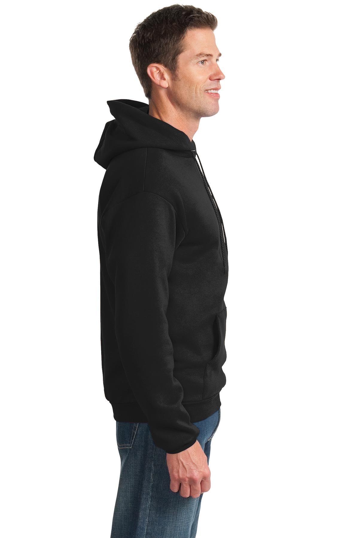 Jet Black Port & Co Essential Fleece Pullover Hooded Sweatshirt. PC90H