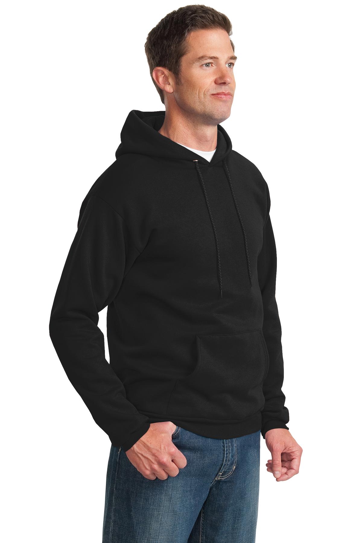 Jet Black Port & Co Essential Fleece Pullover Hooded Sweatshirt. PC90H