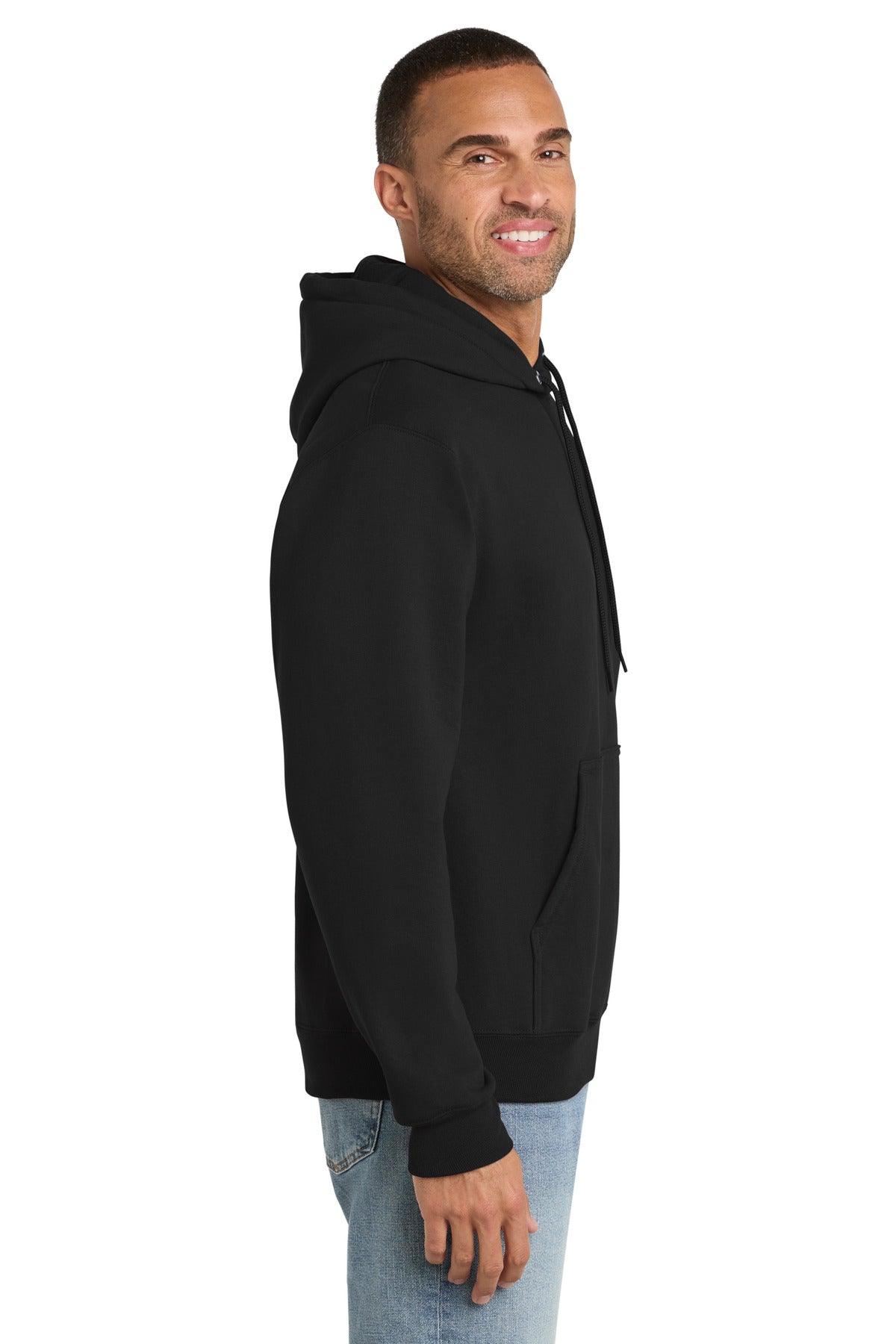Jet Black Port & Co Essential Fleece Pullover Hooded Sweatshirt. PC90H