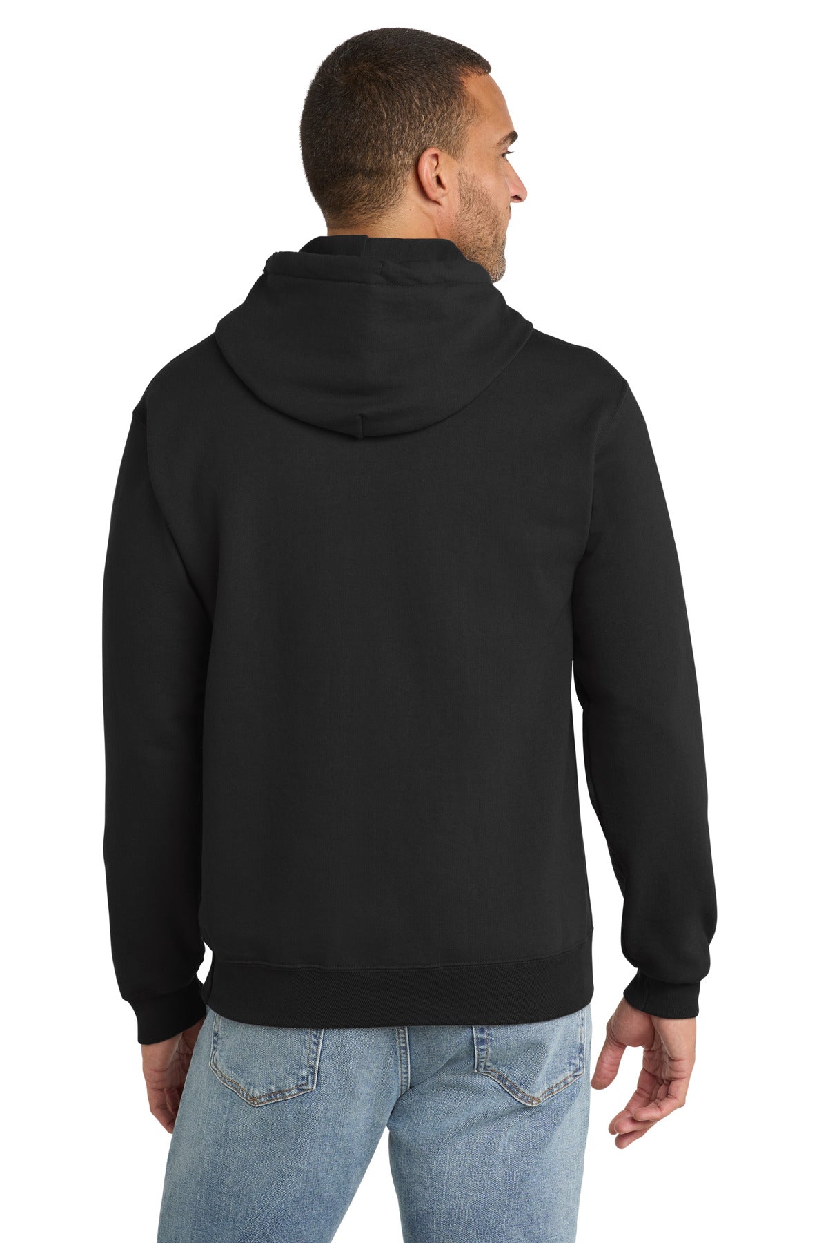 Jet Black Port & Co Essential Fleece Pullover Hooded Sweatshirt. PC90H