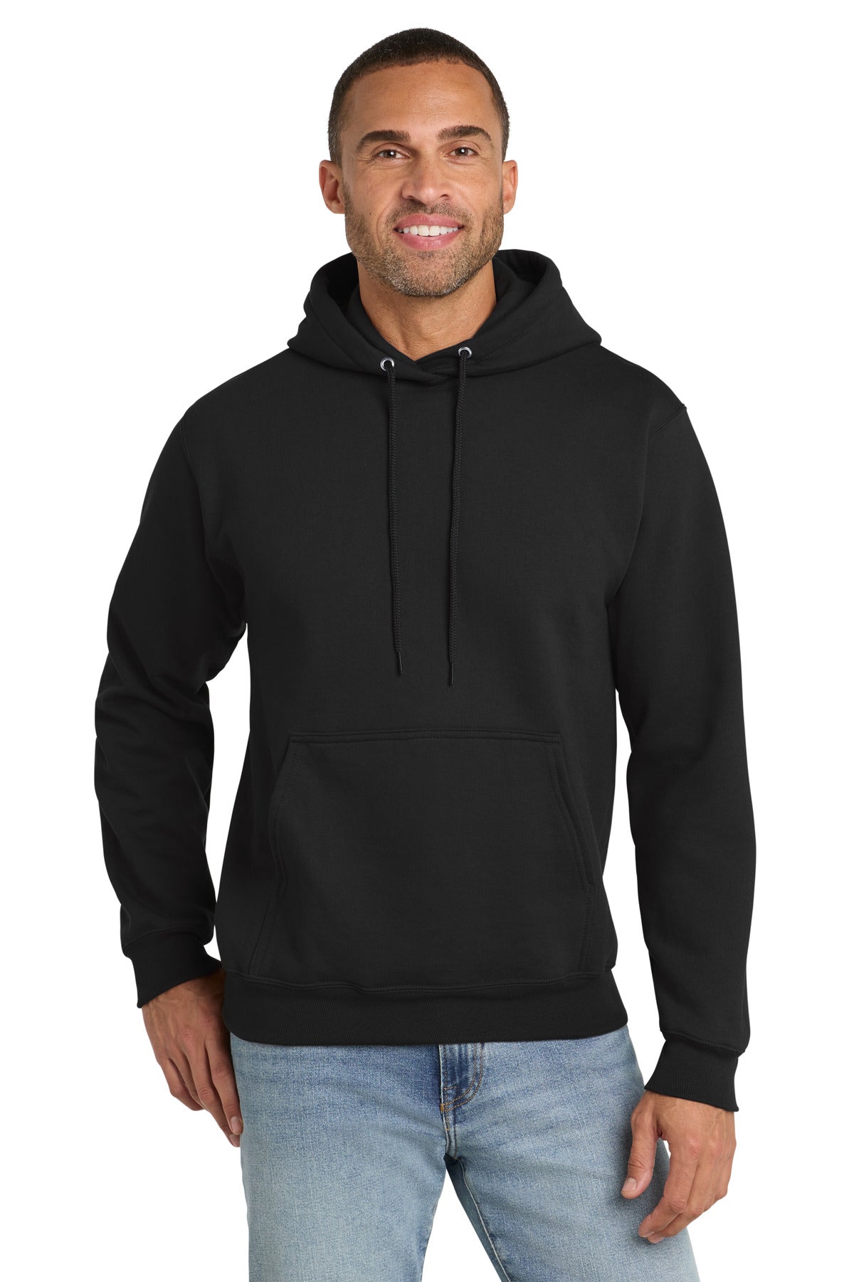 Jet Black Port & Co Essential Fleece Pullover Hooded Sweatshirt. PC90H