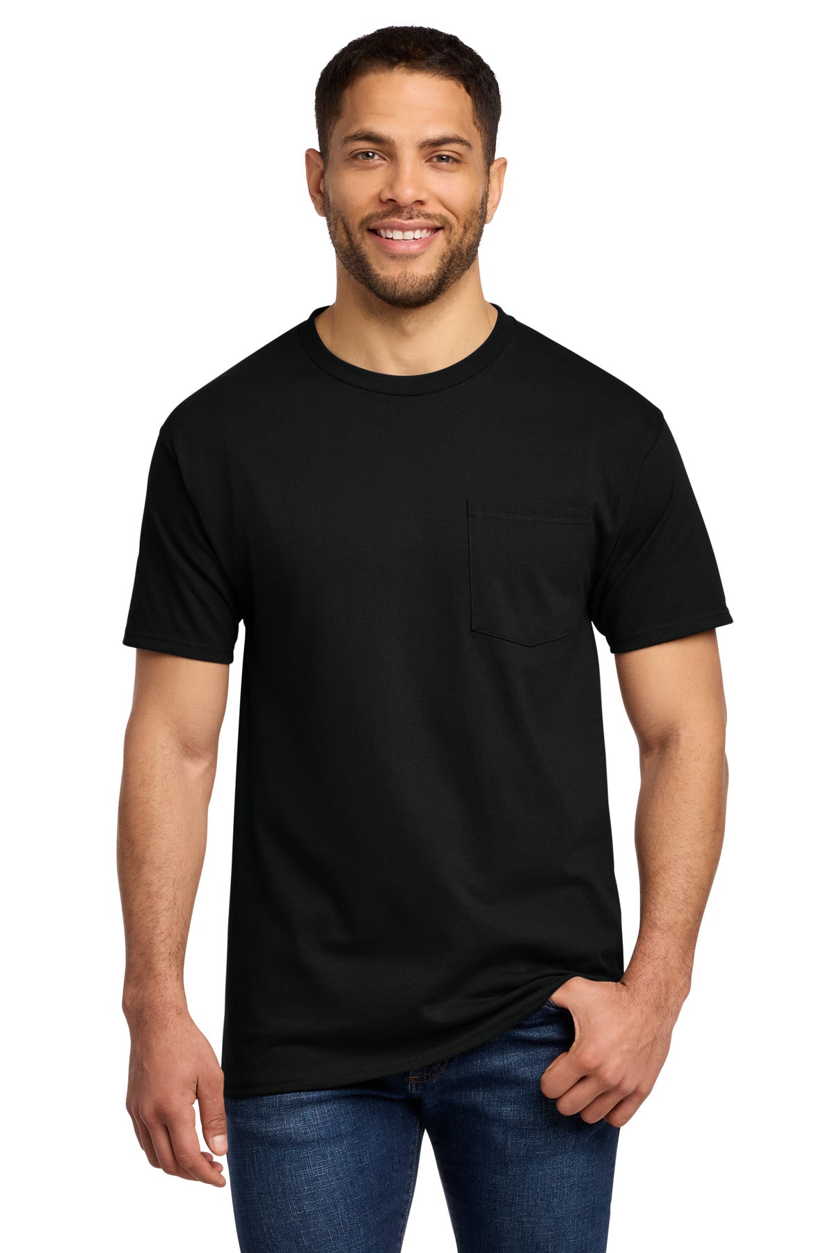 Jet Black Port & Co Essential Pocket Tee. PC61P