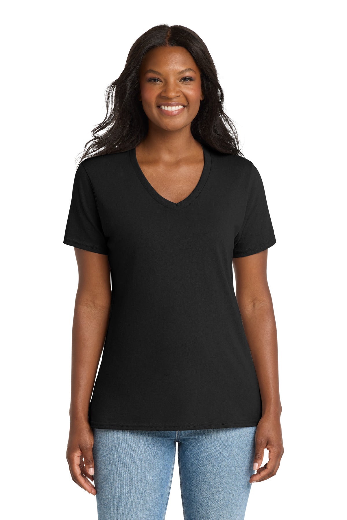 Jet Black Port & Co Women's Core Cotton V-Neck Tee. LPC54V