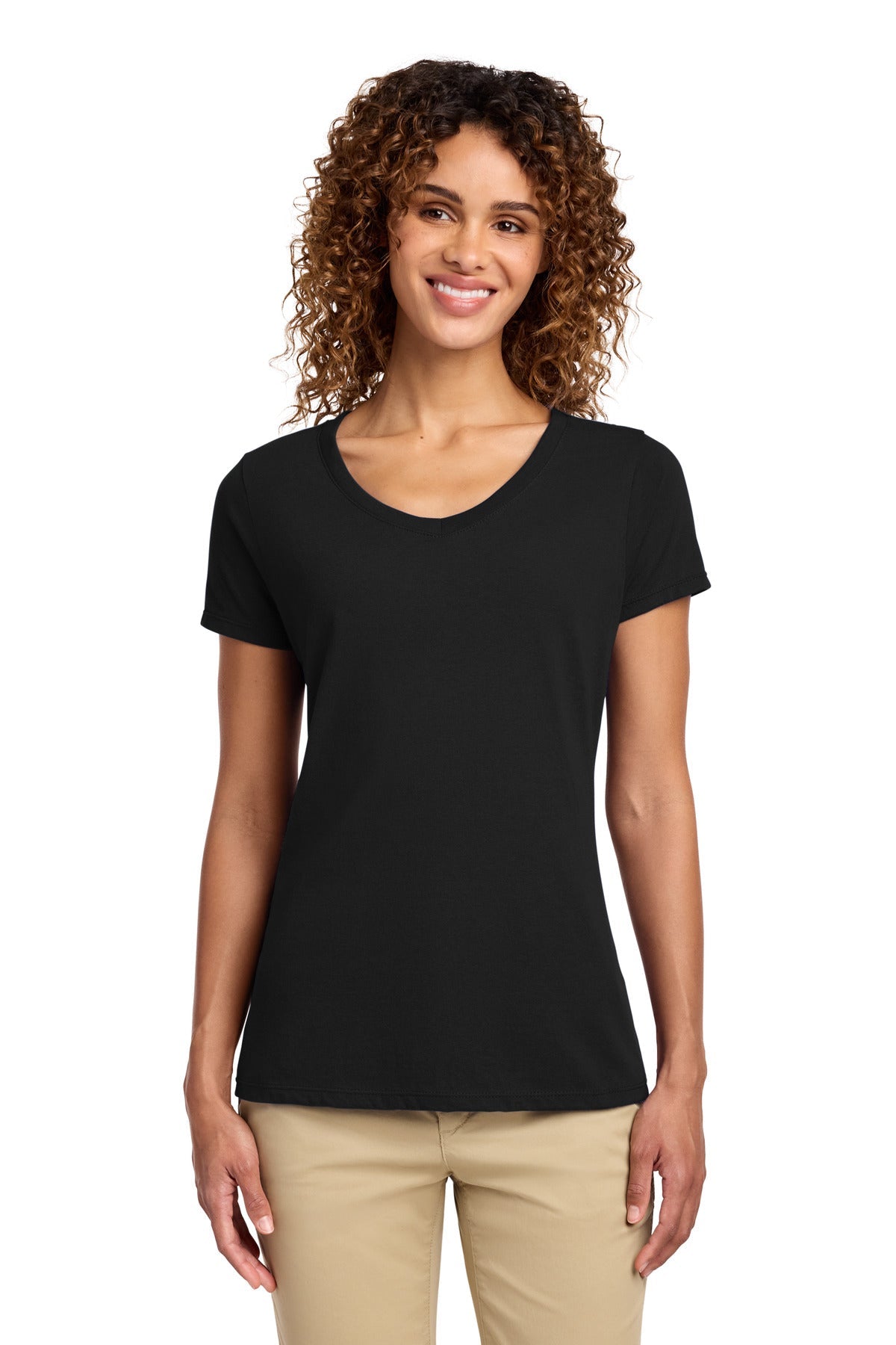 Jet Black Port & Co Women's Fan Favorite V-Neck Tee. LPC450V