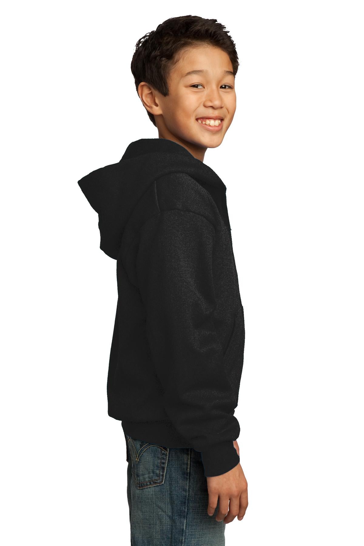 Jet Black Port & Co Youth Core Fleece Full-Zip Hooded Sweatshirt. PC90YZH