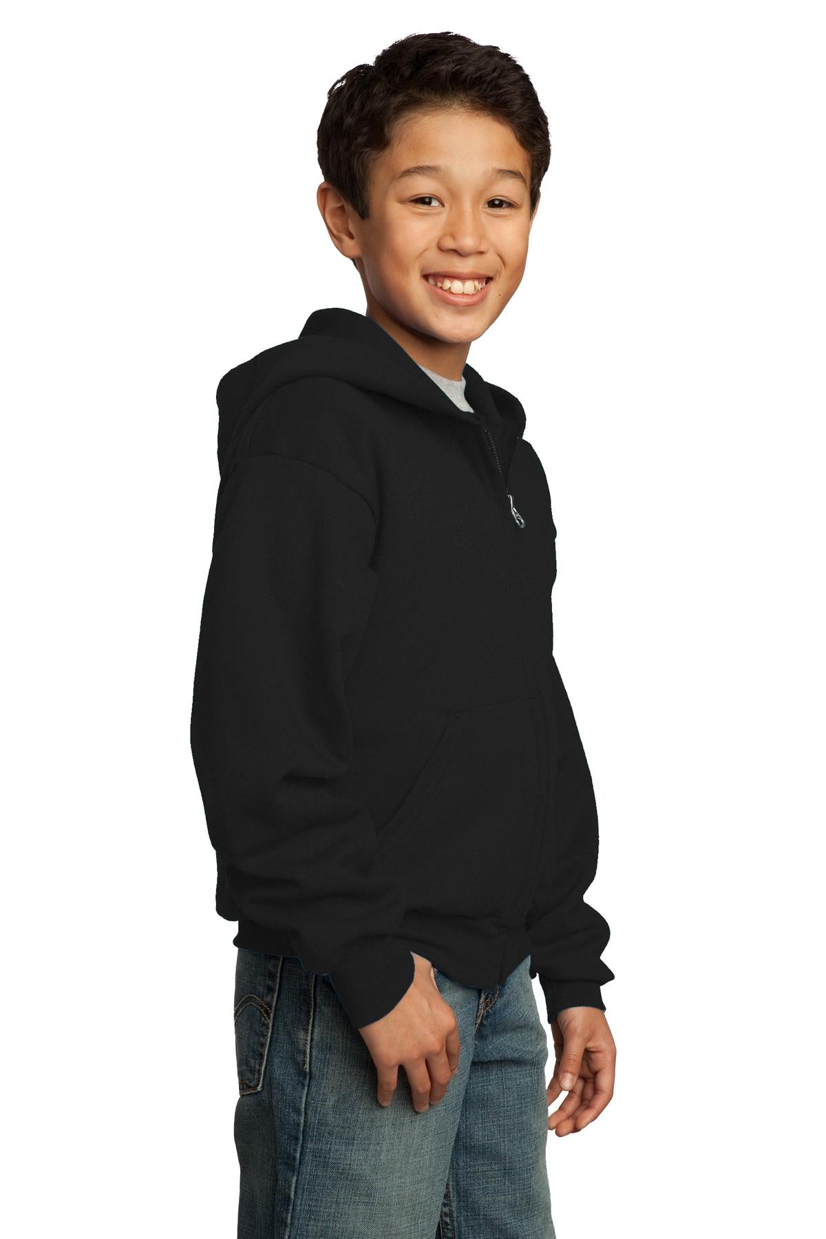 Jet Black Port & Co Youth Core Fleece Full-Zip Hooded Sweatshirt. PC90YZH