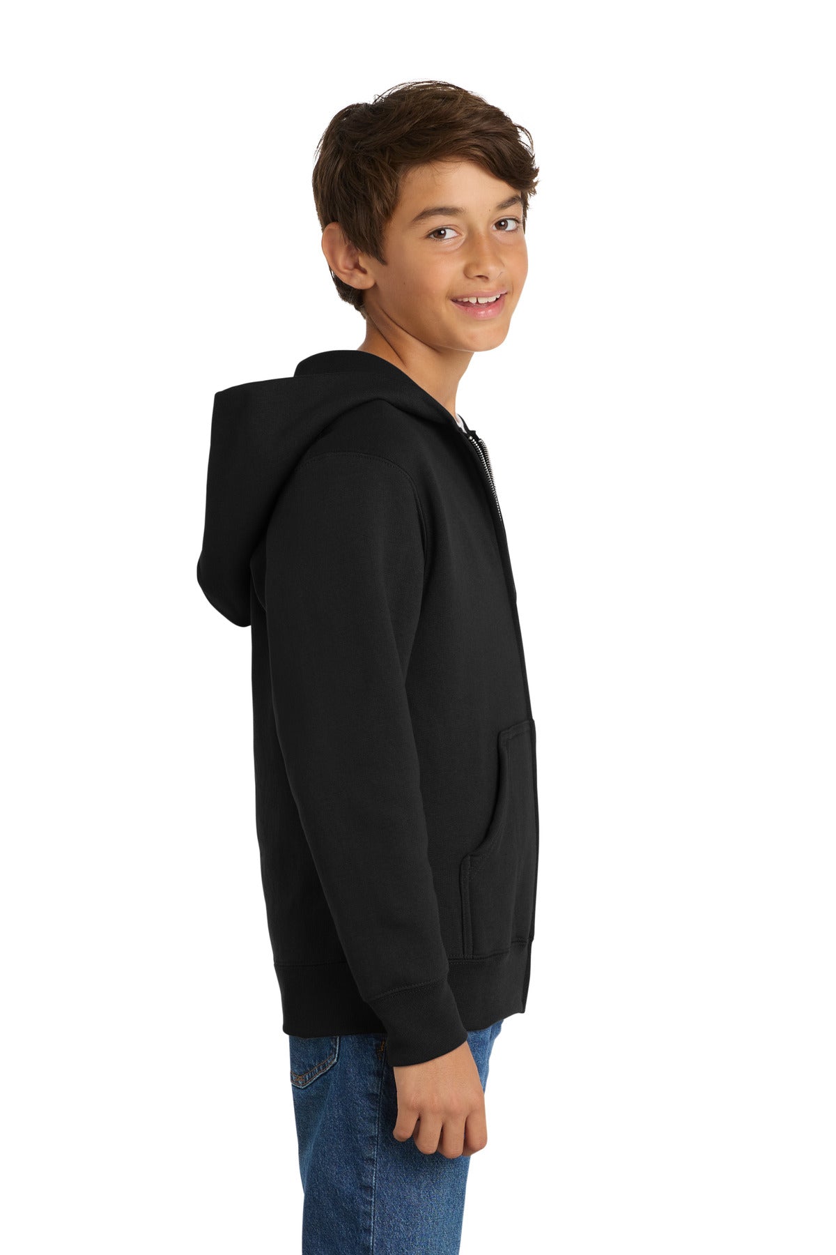 Jet Black Port & Co Youth Core Fleece Full-Zip Hooded Sweatshirt. PC90YZH