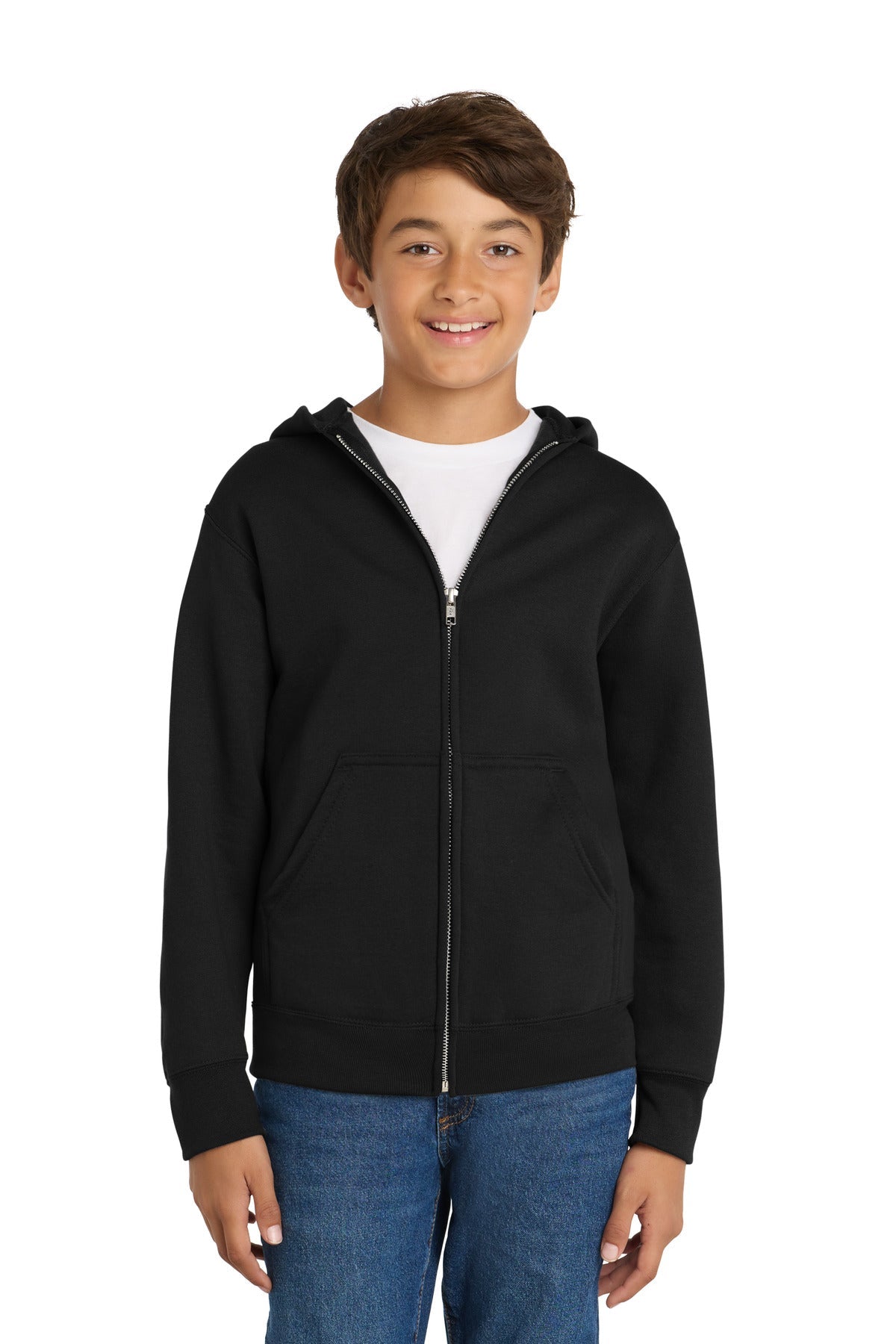 Jet Black Port & Co Youth Core Fleece Full-Zip Hooded Sweatshirt. PC90YZH