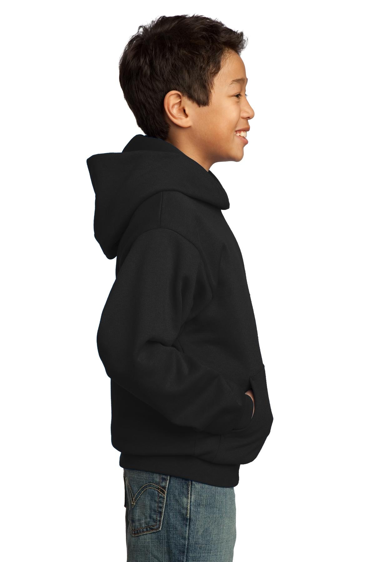 Jet Black Port & Co Youth Core Fleece Pullover Hooded Sweatshirt. PC90YH