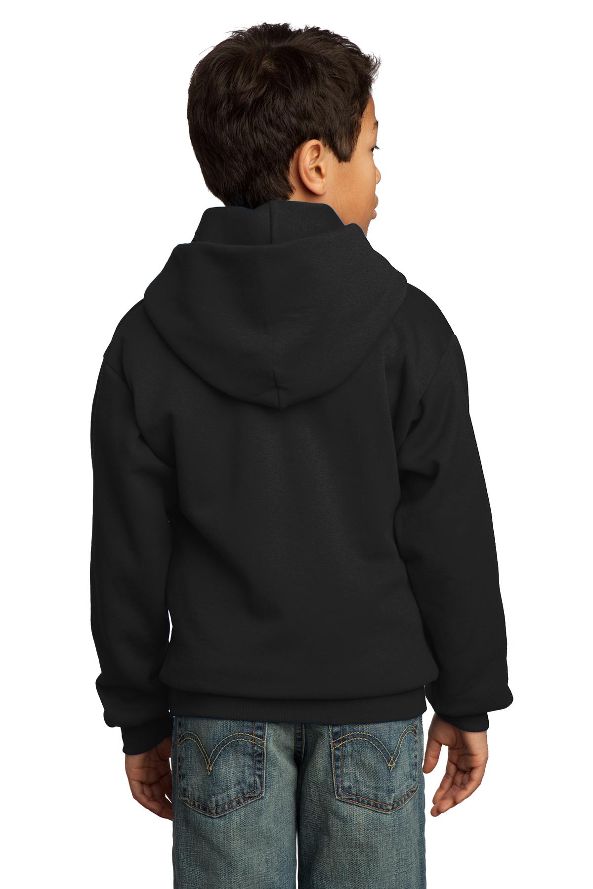Jet Black Port & Co Youth Core Fleece Pullover Hooded Sweatshirt. PC90YH