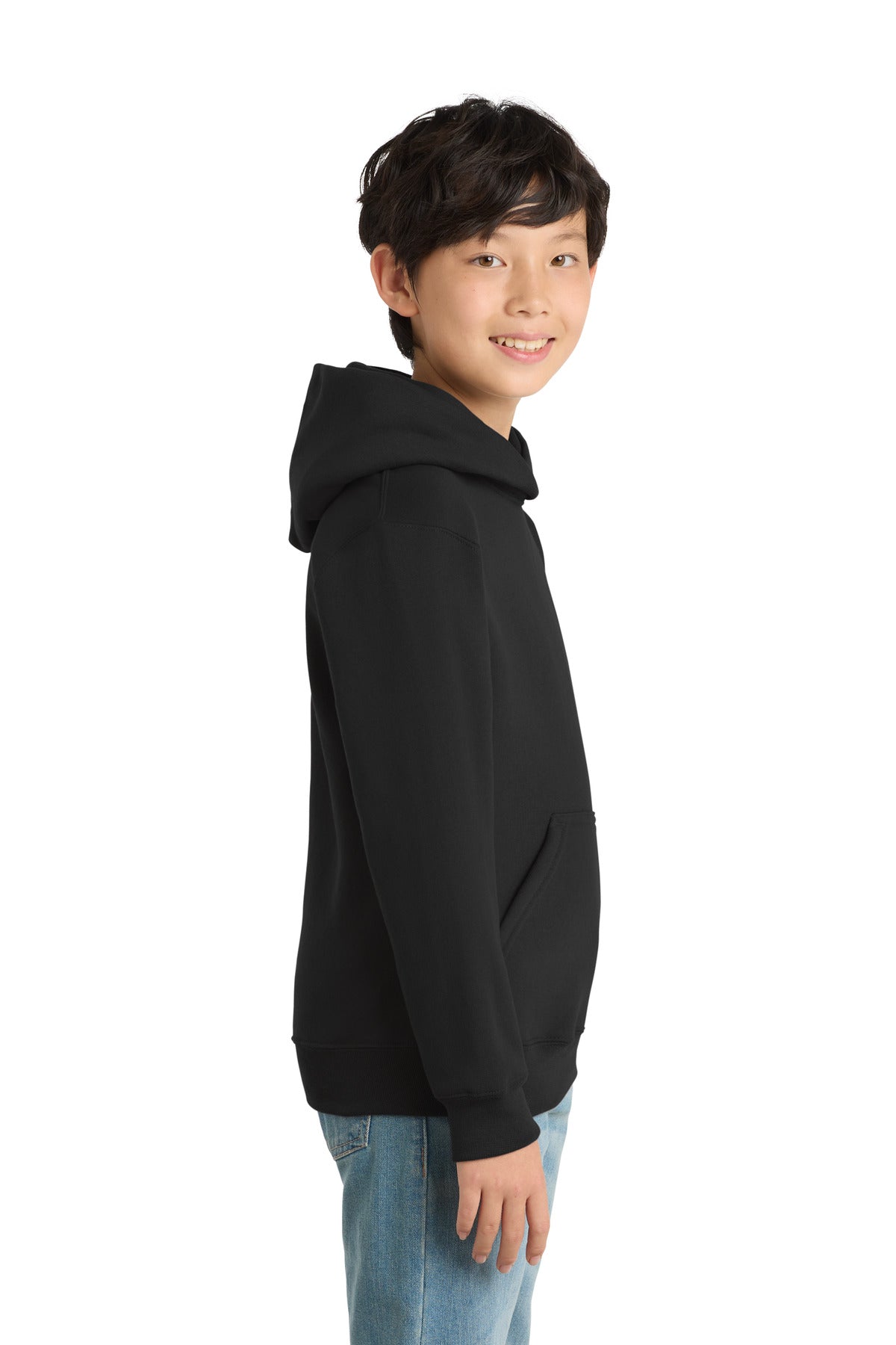 Jet Black Port & Co Youth Core Fleece Pullover Hooded Sweatshirt. PC90YH