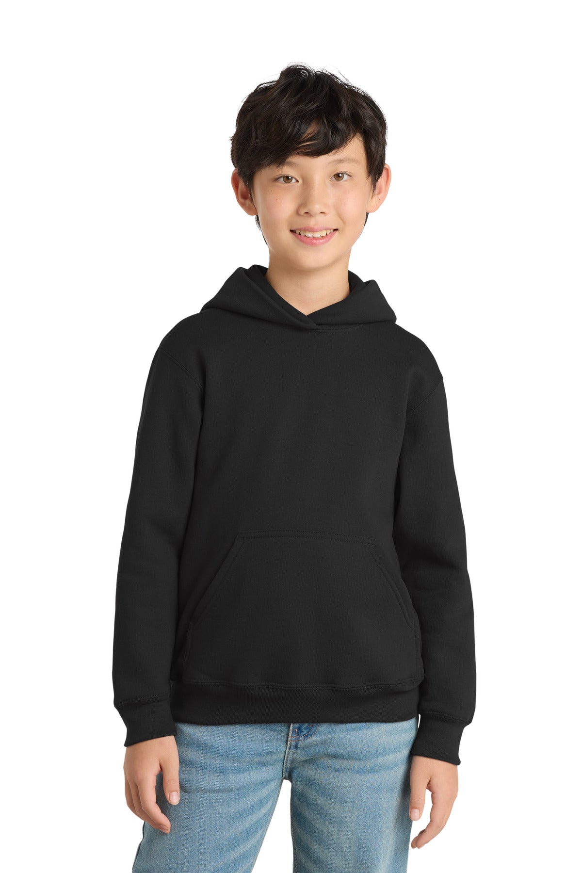 Jet Black Port & Co Youth Core Fleece Pullover Hooded Sweatshirt. PC90YH