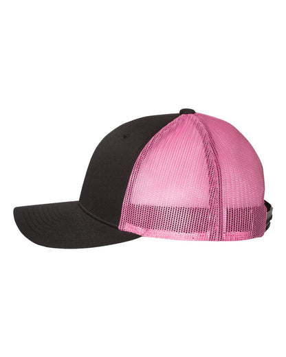 Left View of Black/ Neon Pink Low Pro Trucker Cap - 115