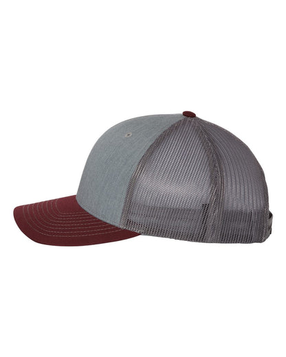 Left View of Heather Grey/ Charcoal/ Maroon Snapback Trucker Cap - 112