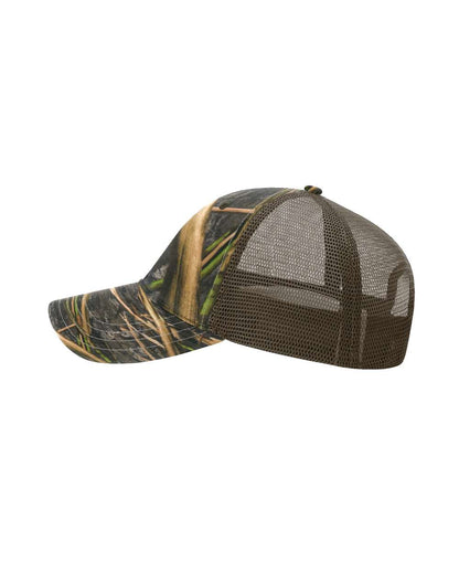 Left View of Shadow Grass Habitat/ Brown Garment Washed Printed Trucker Cap - 111P