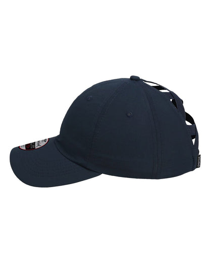 Left View of True Navy The Hinsen Women's Performance Ponytail Cap - L338