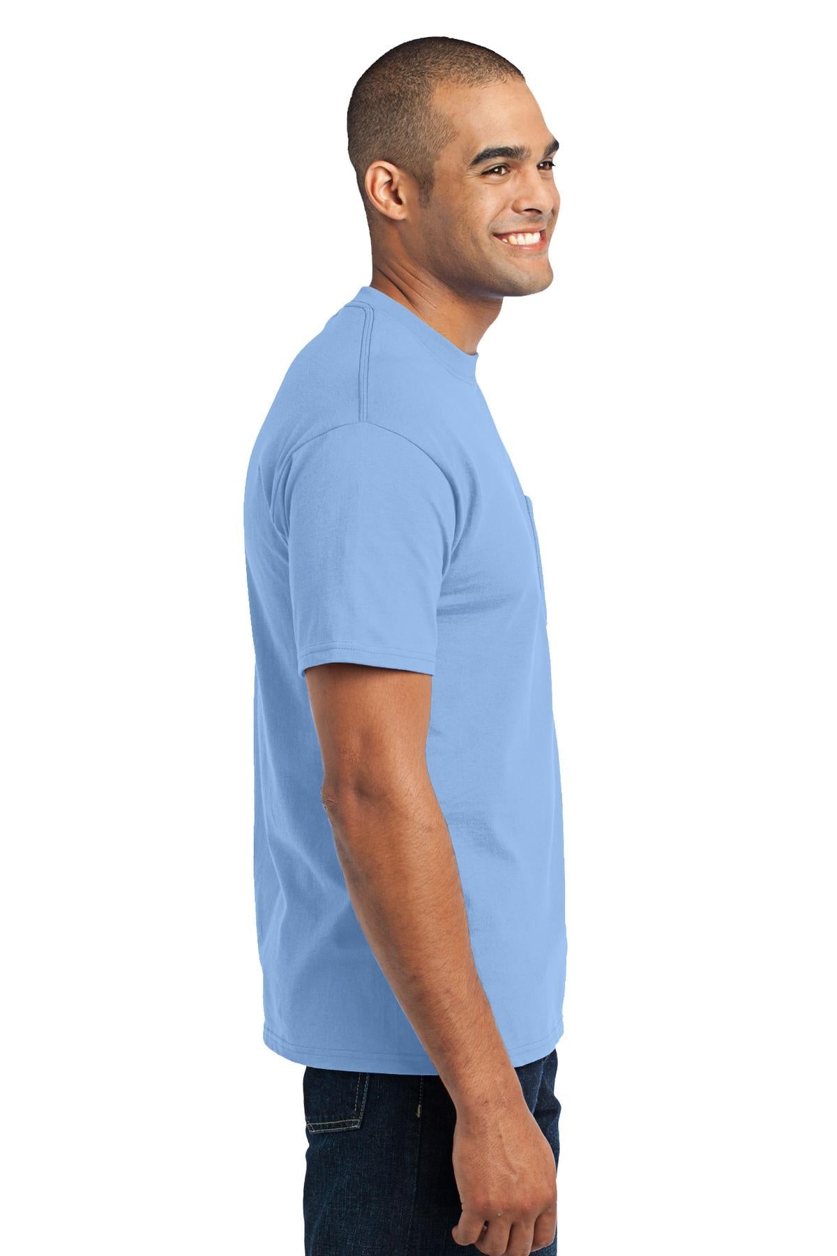 Light Blue Port & Co Core Blend Pocket Tee. PC55P