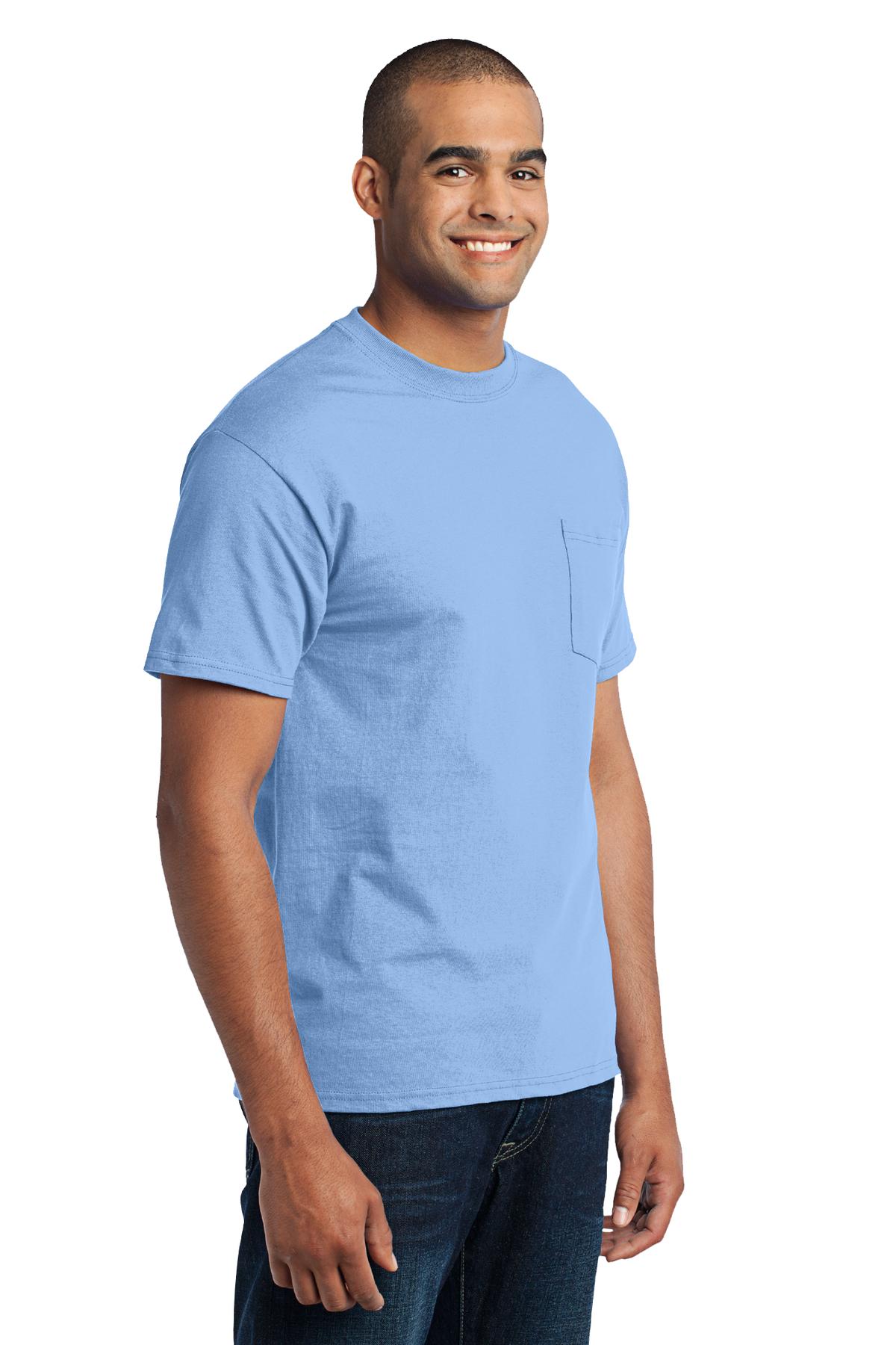 Light Blue Port & Co Core Blend Pocket Tee. PC55P