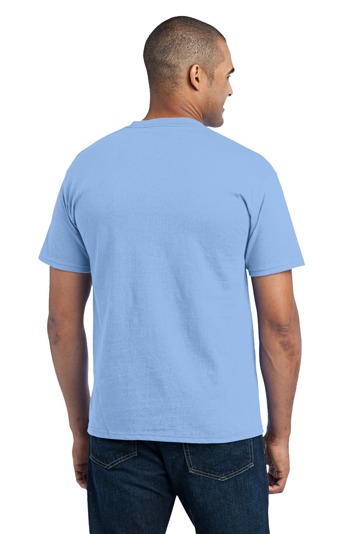 Light Blue Port & Co Core Blend Pocket Tee. PC55P